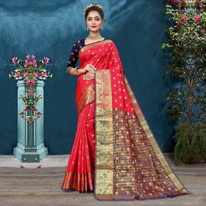 Rose Pink Woven Art Silk Saree - Peachmode