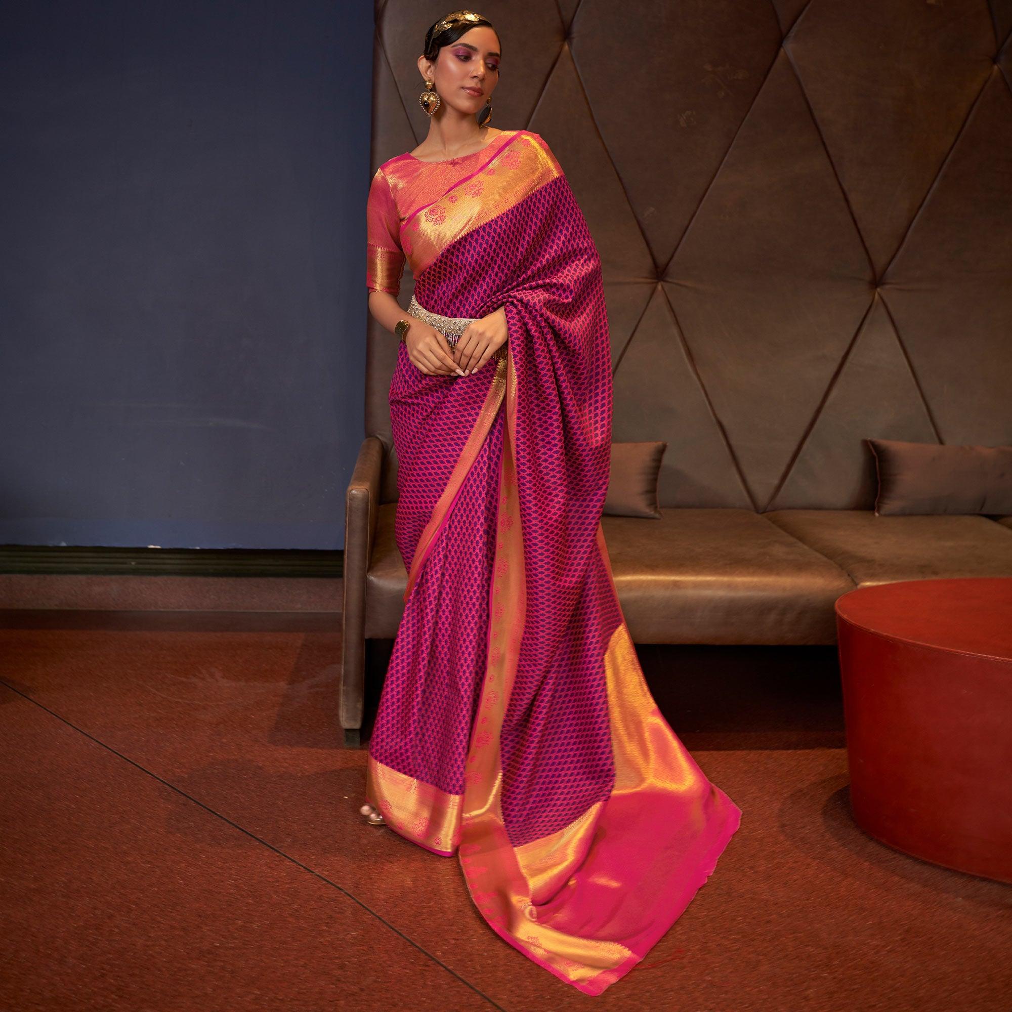 Rose Pink Woven Art Silk Saree - Peachmode