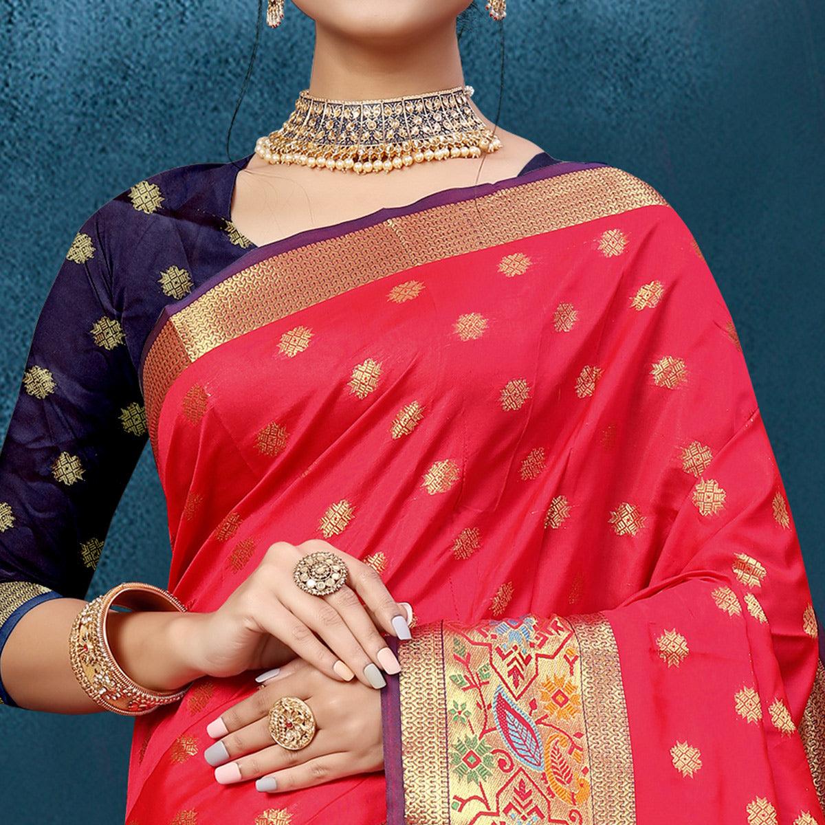 Rose Pink Woven Art Silk Saree - Peachmode