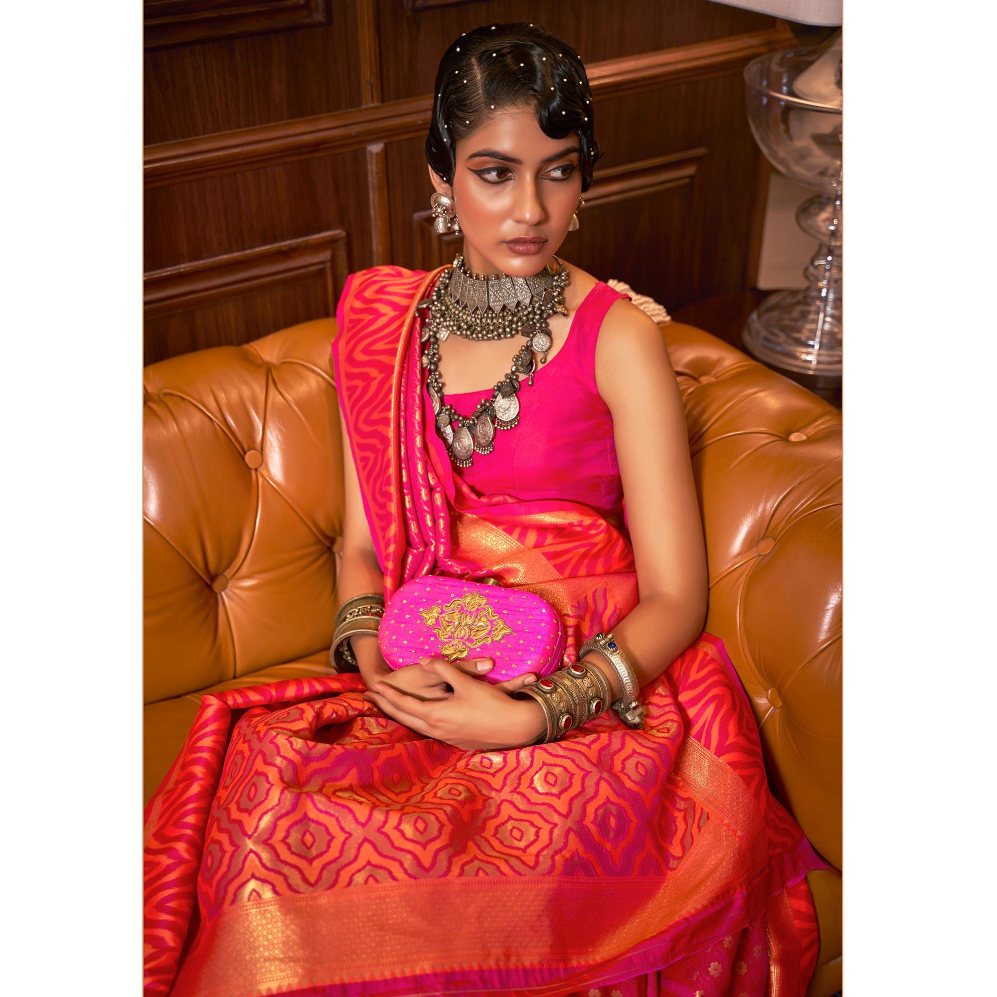 Rose Pink Woven Art Silk Saree - Peachmode