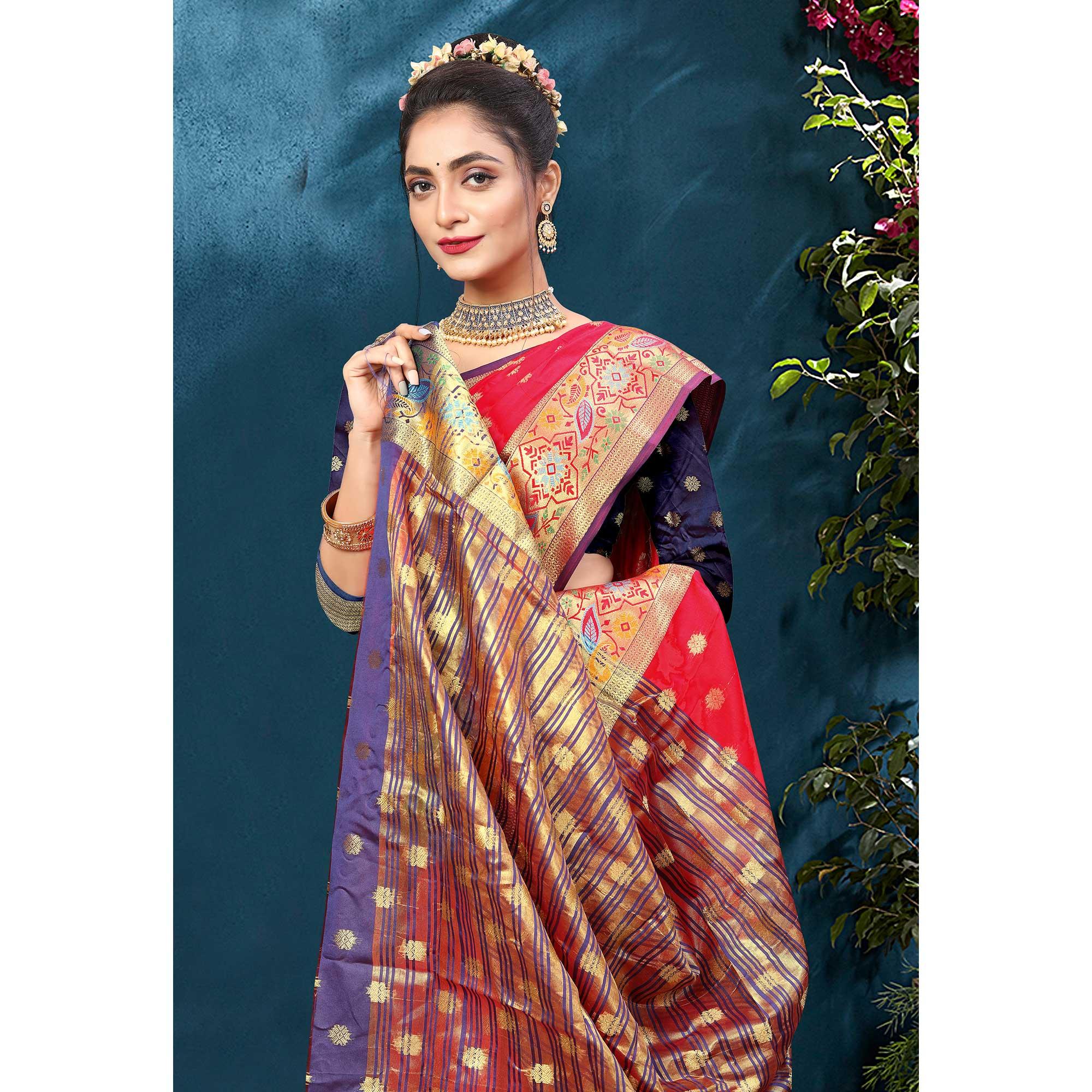 Rose Pink Woven Art Silk Saree - Peachmode