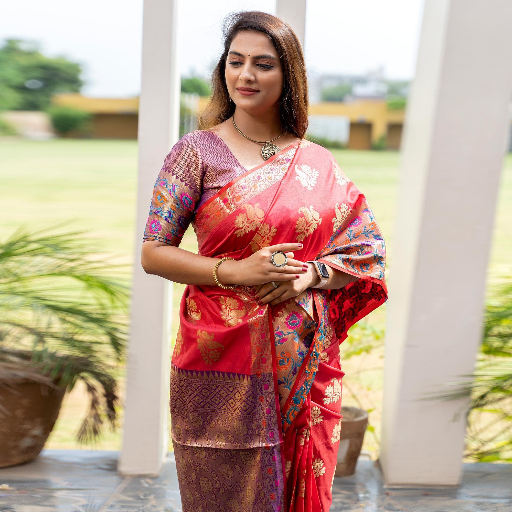 Rose Pink Woven Art Silk Saree - Peachmode