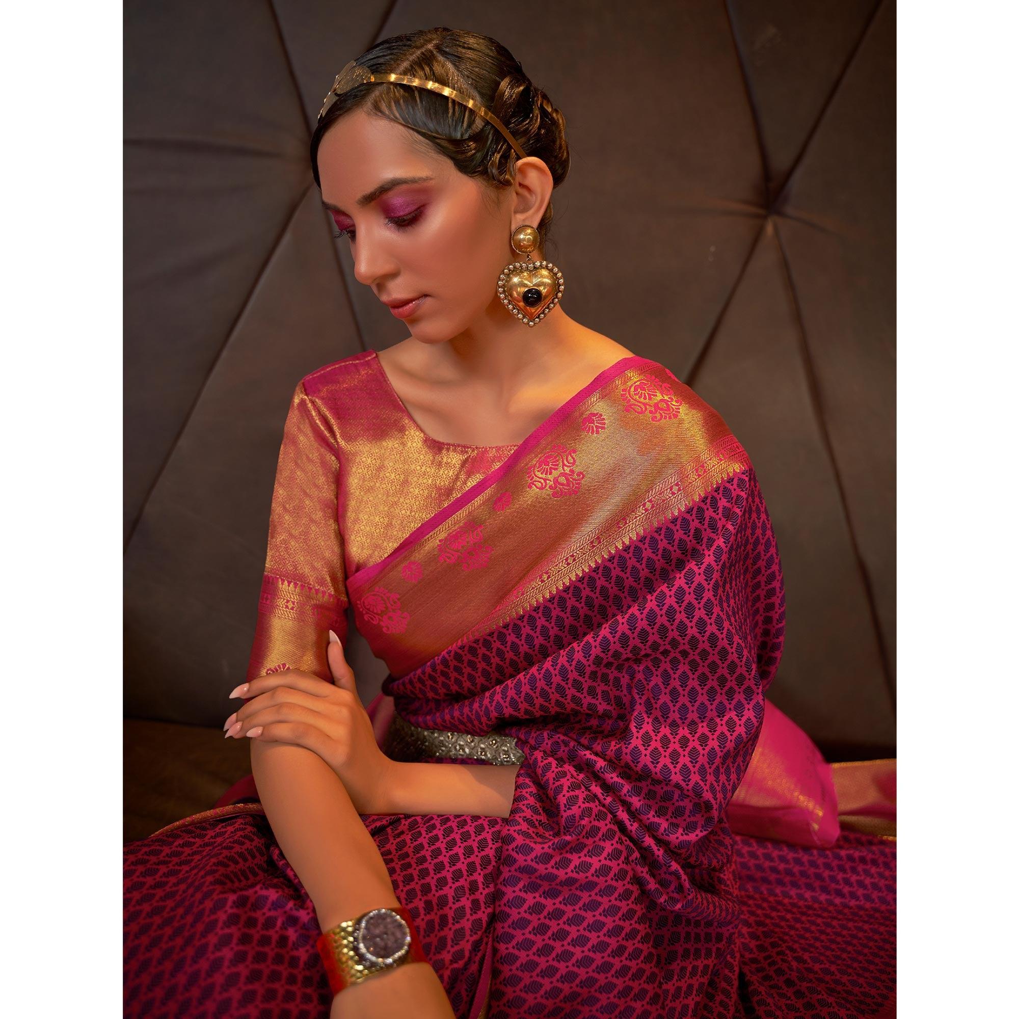 Rose Pink Woven Art Silk Saree - Peachmode