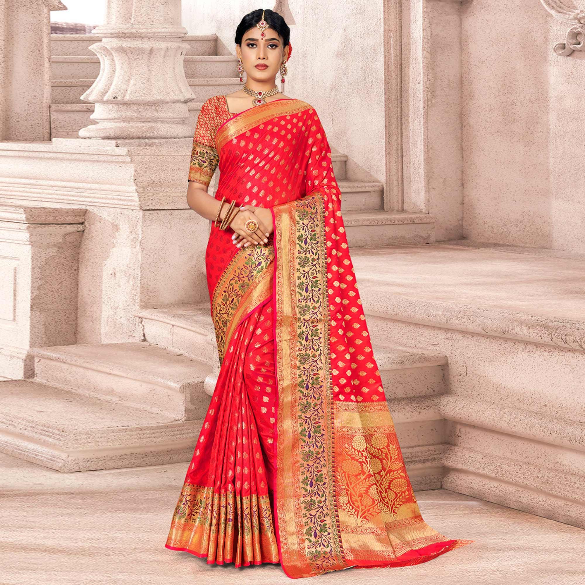 Rose Pink Woven Banarasi Silk Saree - Peachmode