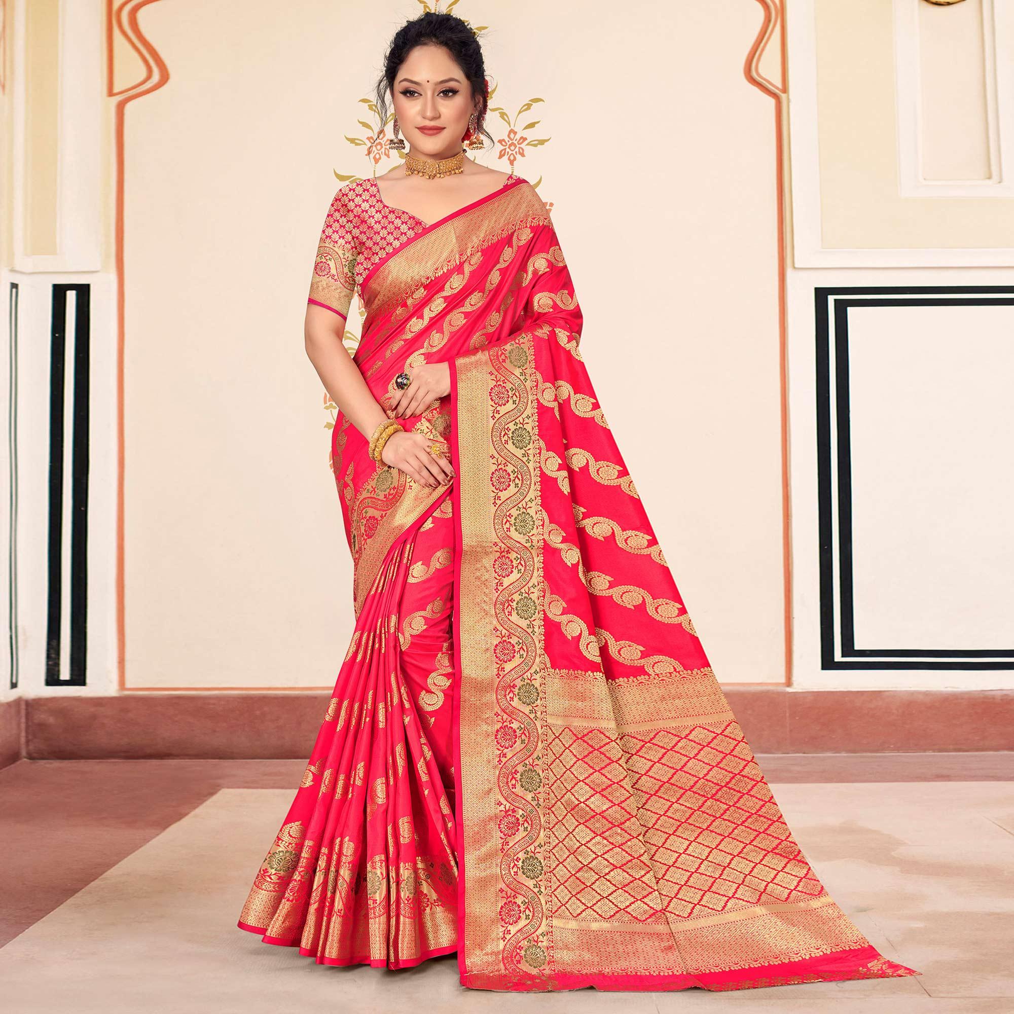 Rose Pink Woven Banarasi Silk Saree - Peachmode