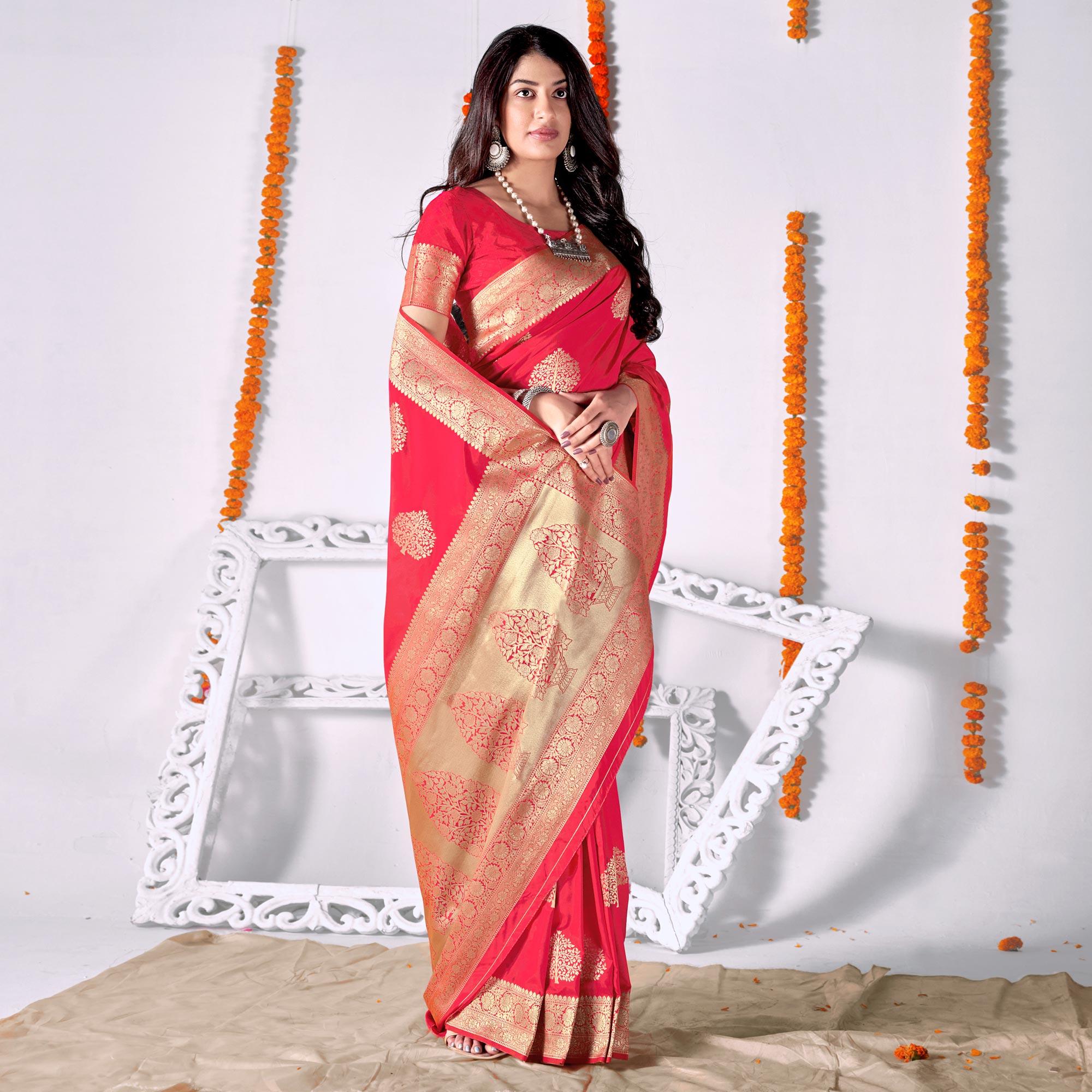 Rose Pink Woven Banarasi Silk Saree - Peachmode