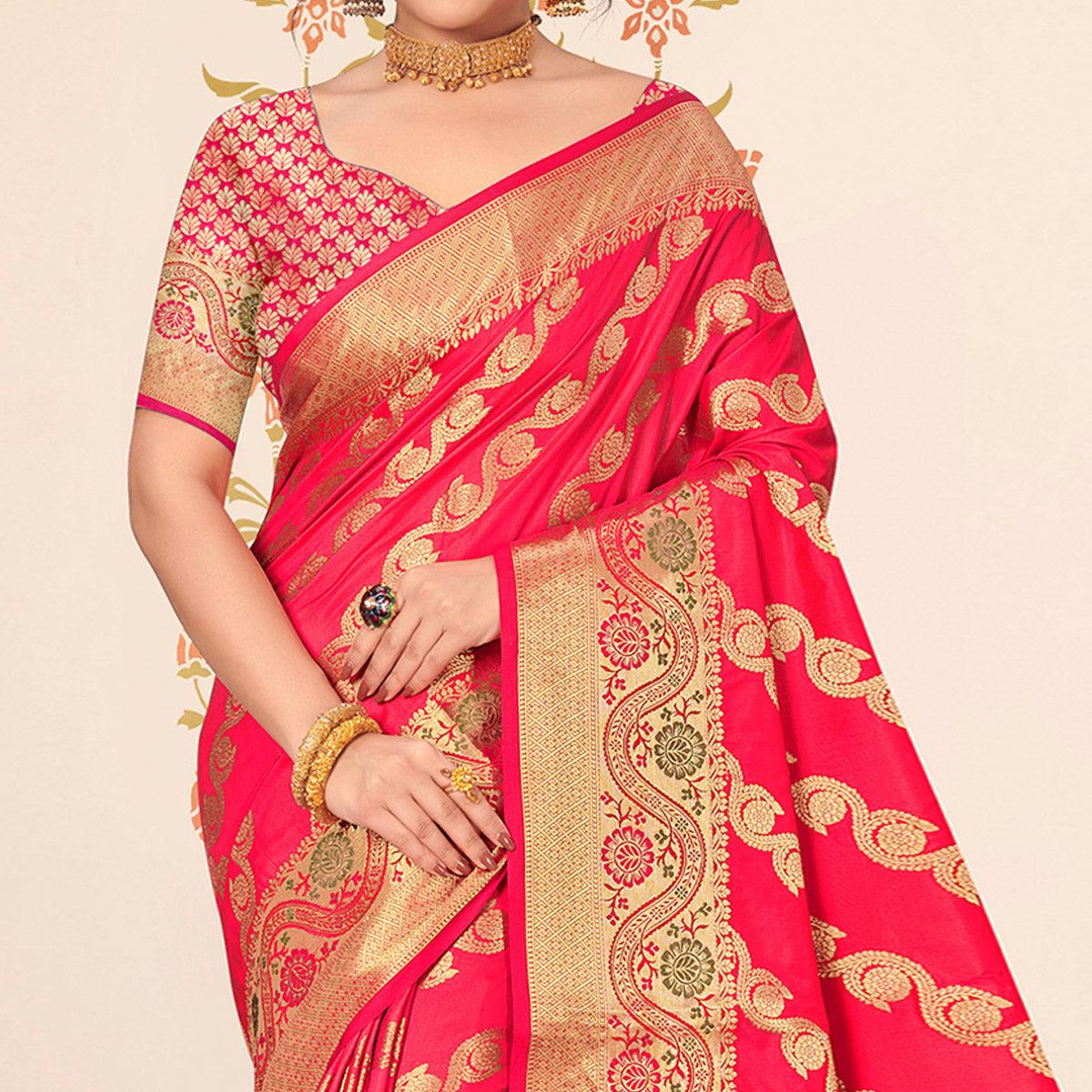 Rose Pink Woven Banarasi Silk Saree - Peachmode