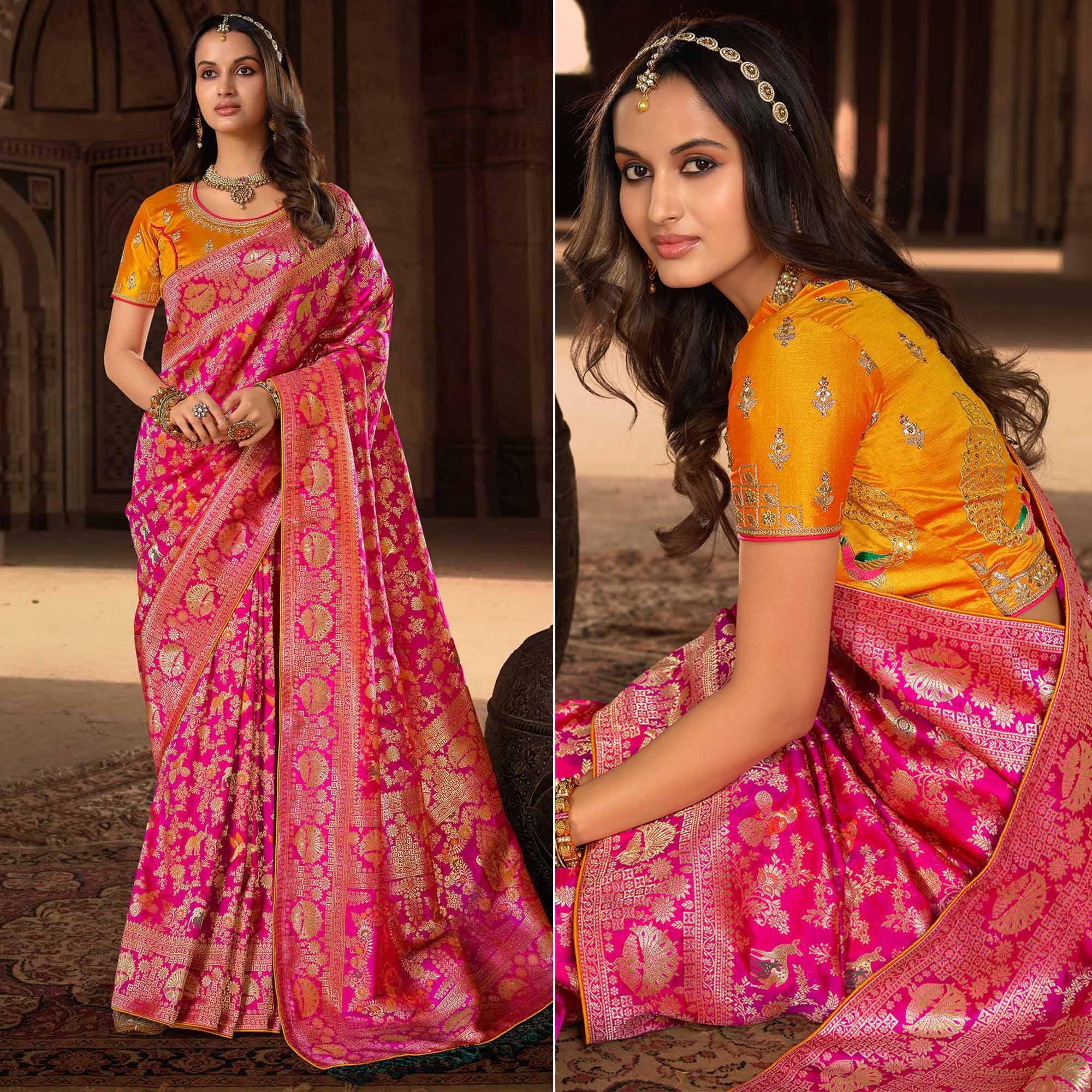 Rose Pink Woven Banarasi Silk Saree With Tassels - Peachmode