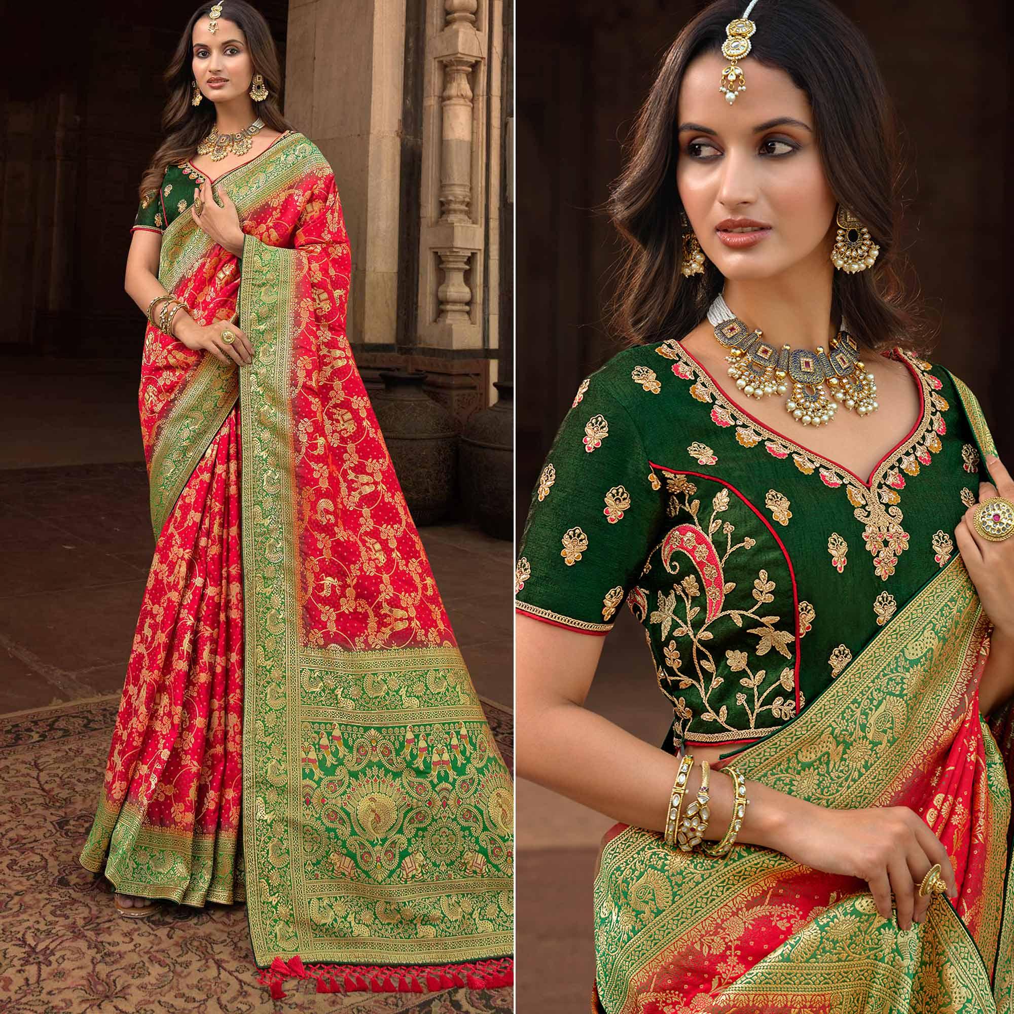 Rose Pink Woven Banarasi Silk Saree With Tassels - Peachmode