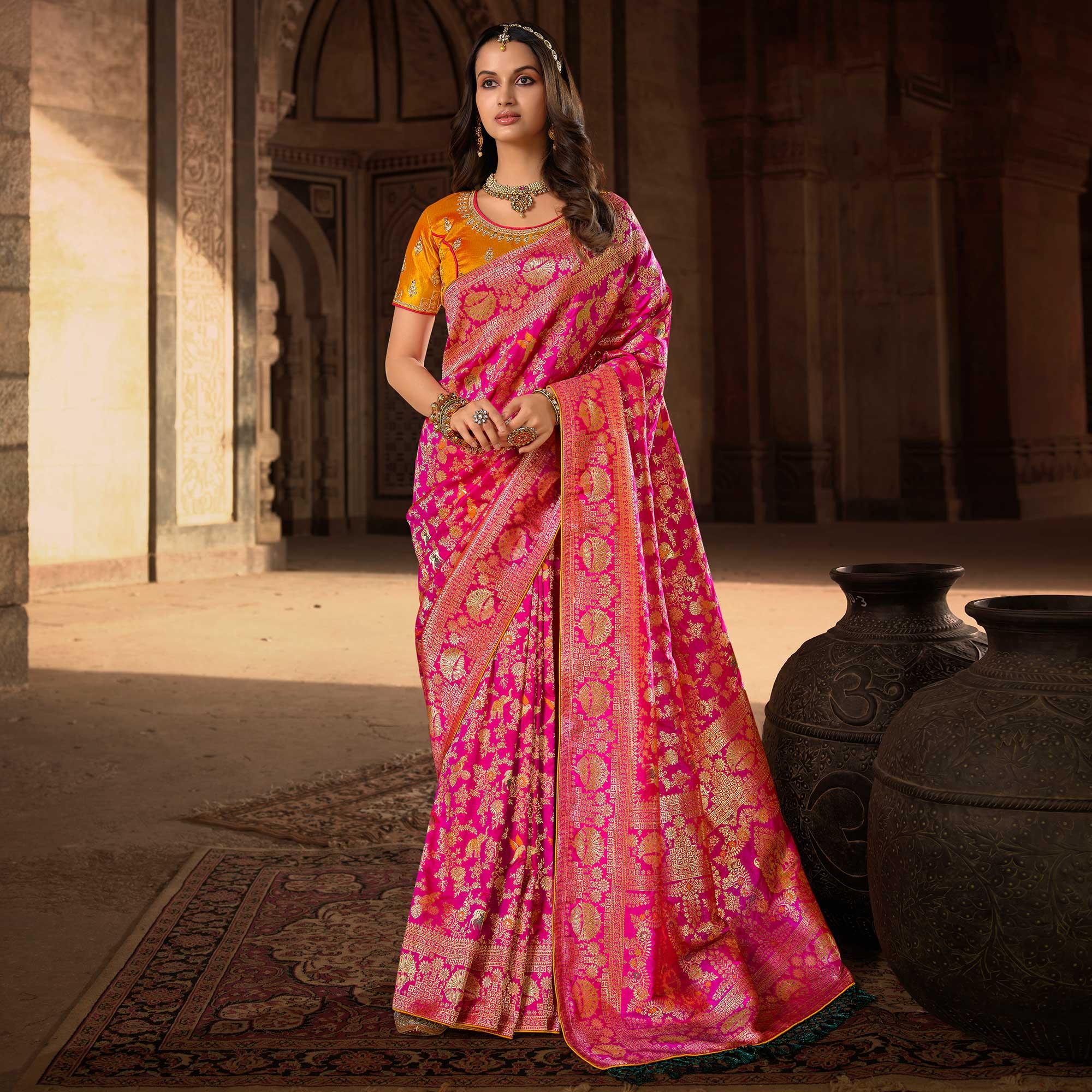 Rose Pink Woven Banarasi Silk Saree With Tassels - Peachmode