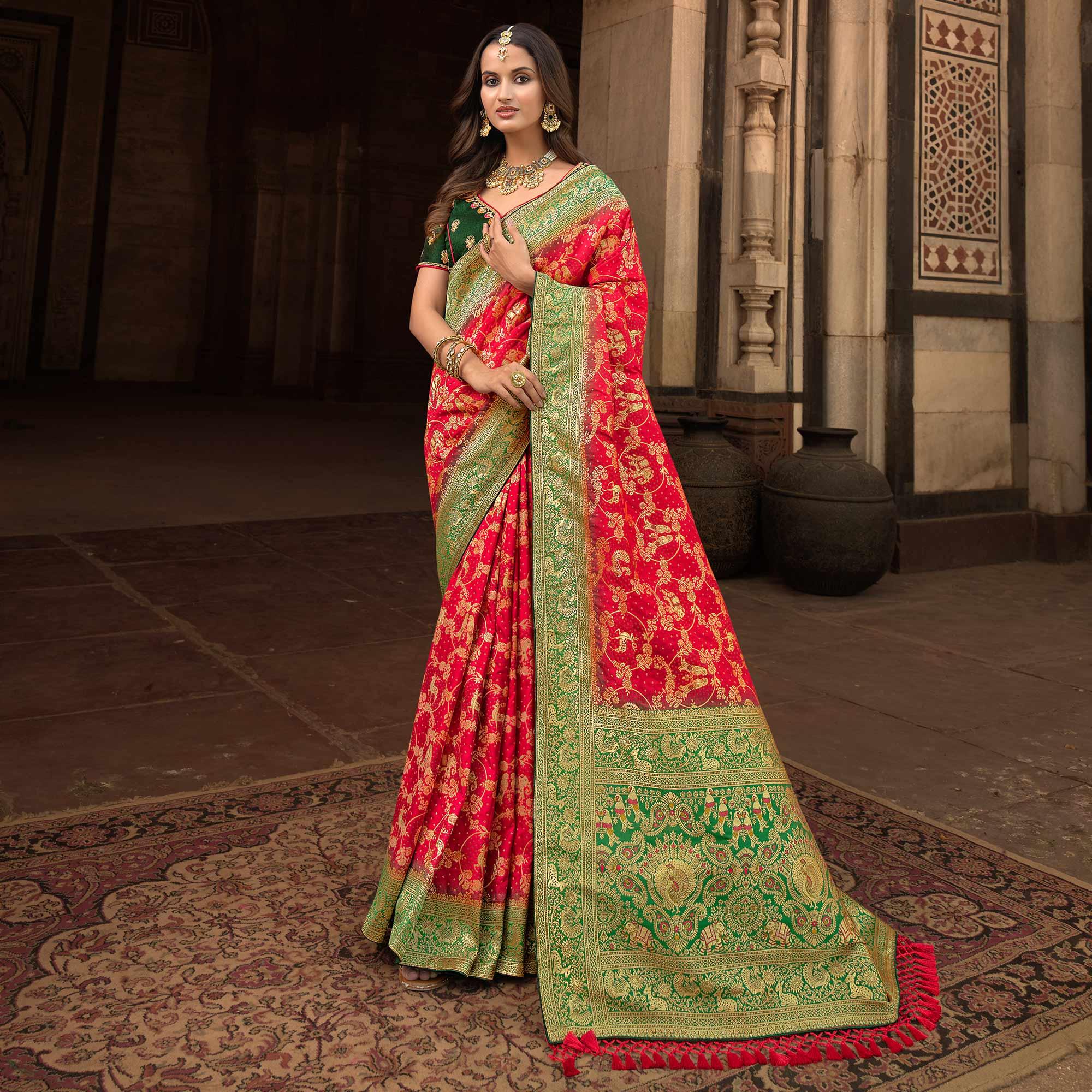 Rose Pink Woven Banarasi Silk Saree With Tassels - Peachmode