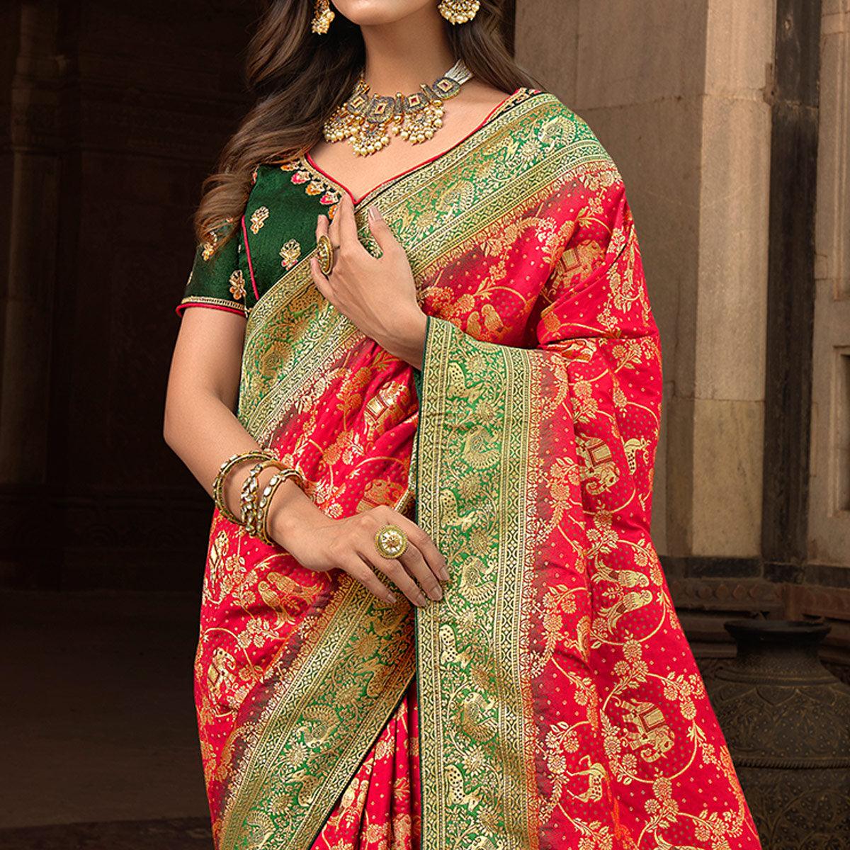 Rose Pink Woven Banarasi Silk Saree With Tassels - Peachmode