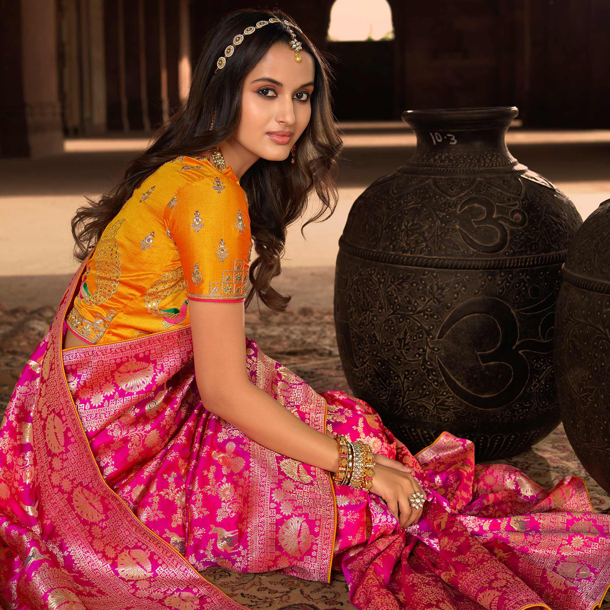 Rose Pink Woven Banarasi Silk Saree With Tassels - Peachmode