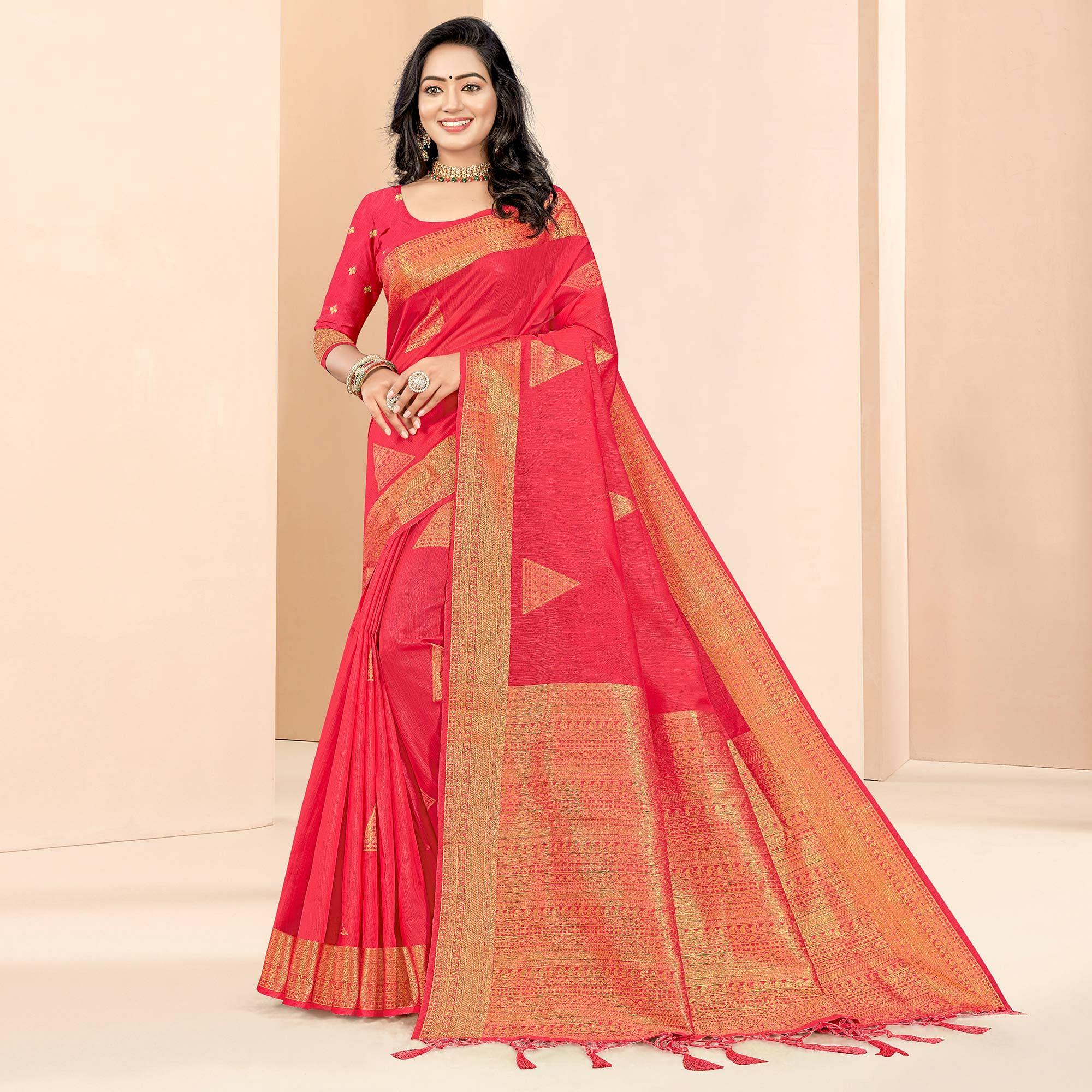 Rose Pink Woven Cotton Silk Saree - Peachmode