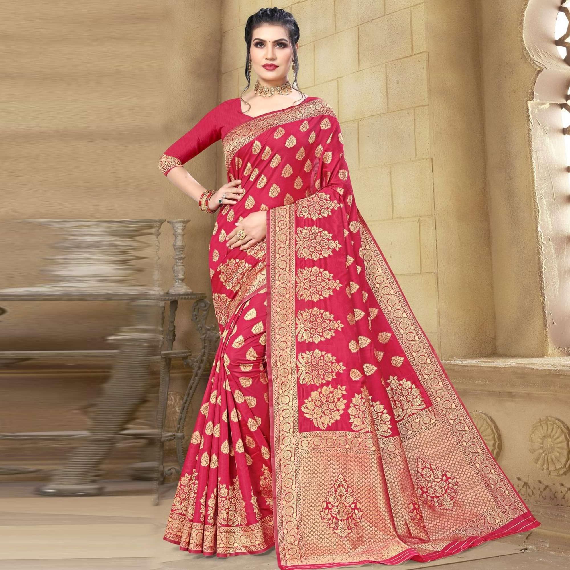 Rose Pink Woven Cotton Silk Saree - Peachmode