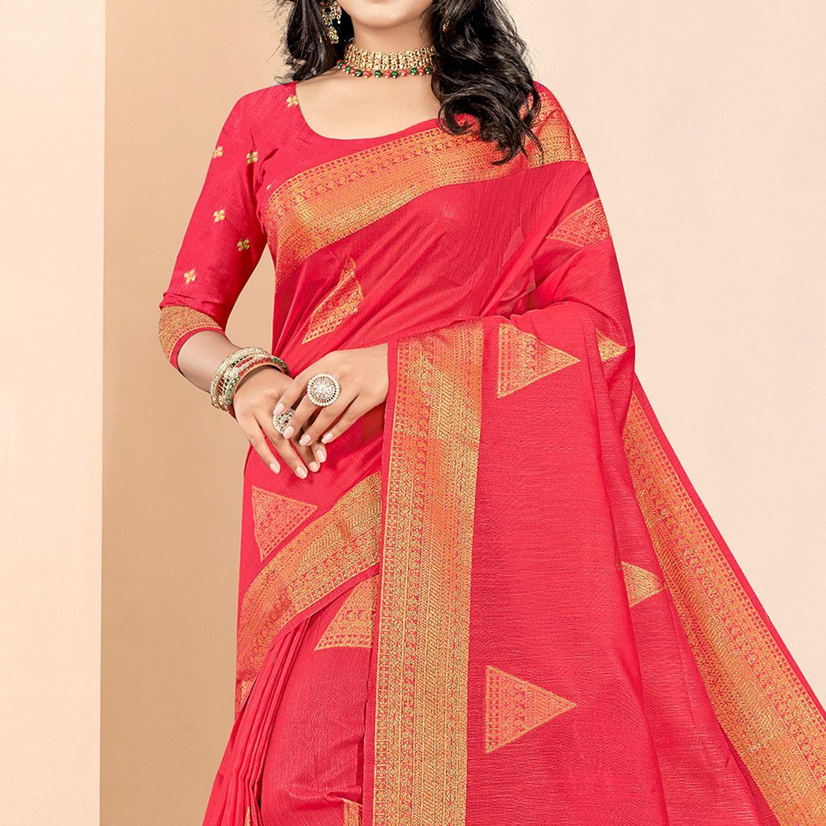 Rose Pink Woven Cotton Silk Saree - Peachmode