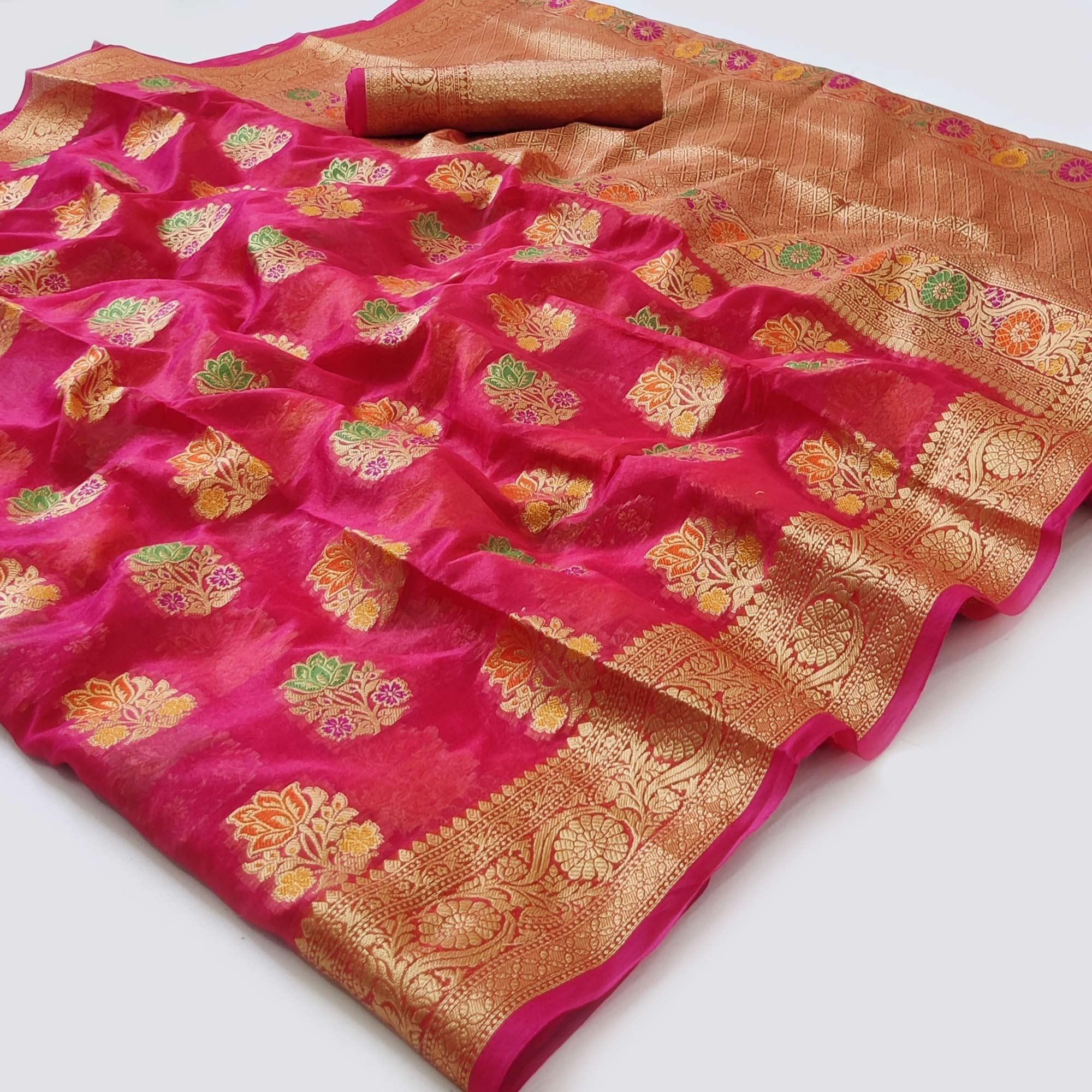 Rose Pink Woven Organza Saree - Peachmode