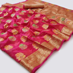 Rose Pink Woven Organza Saree - Peachmode
