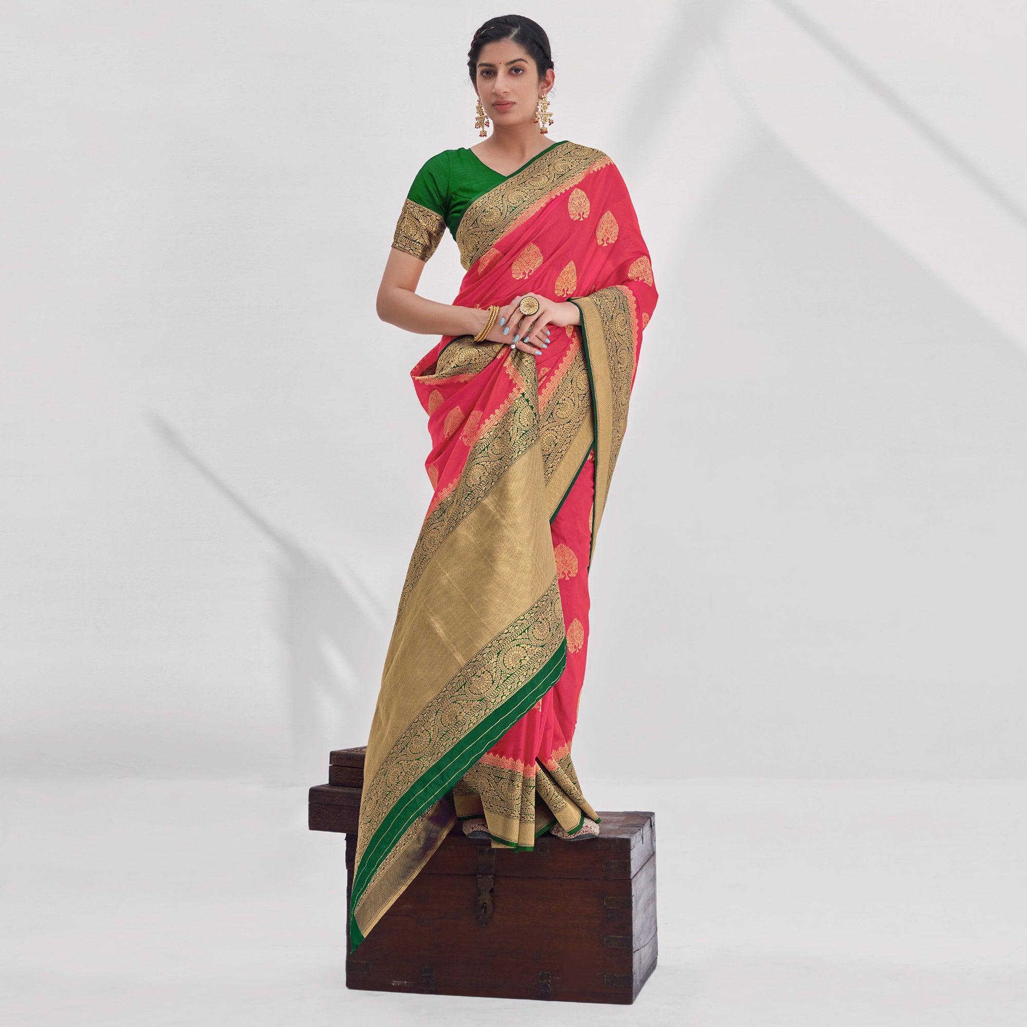 Rose Pink Woven Organza Saree - Peachmode