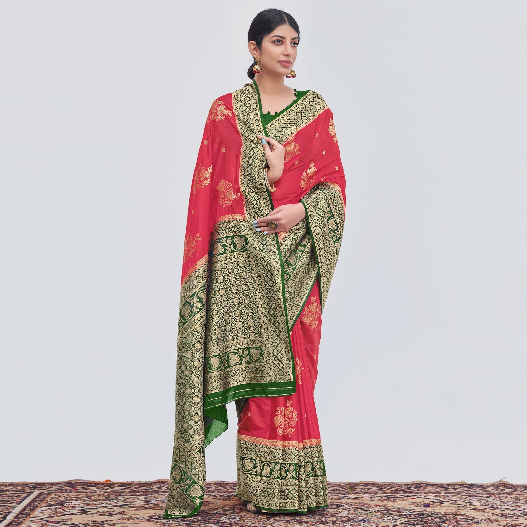 Rose Pink Woven Organza Saree - Peachmode