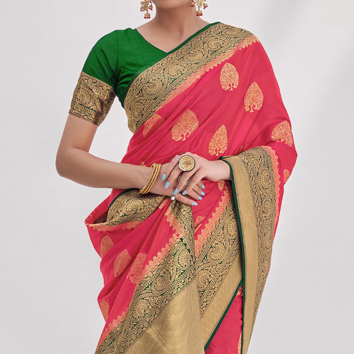 Rose Pink Woven Organza Saree - Peachmode