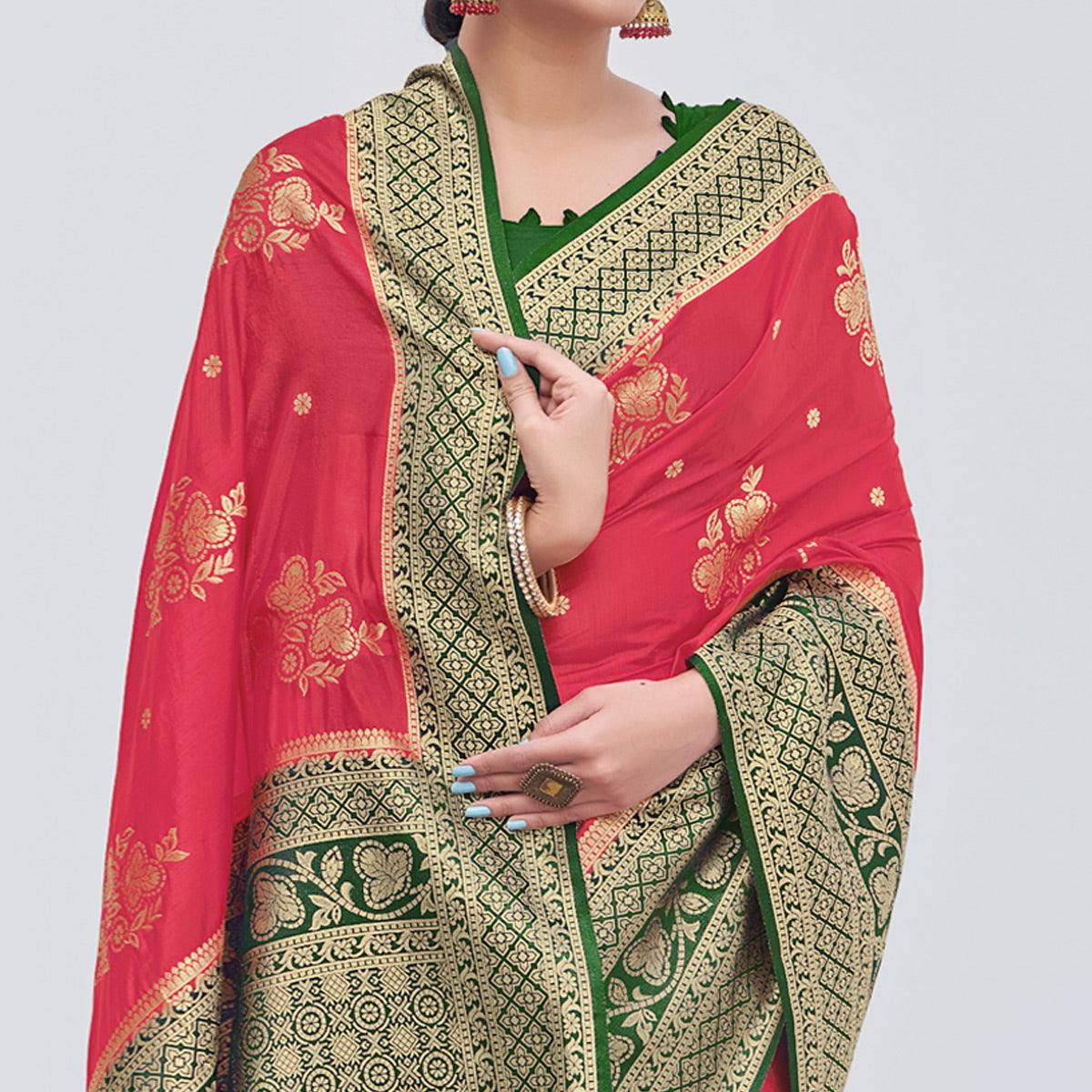 Rose Pink Woven Organza Saree - Peachmode