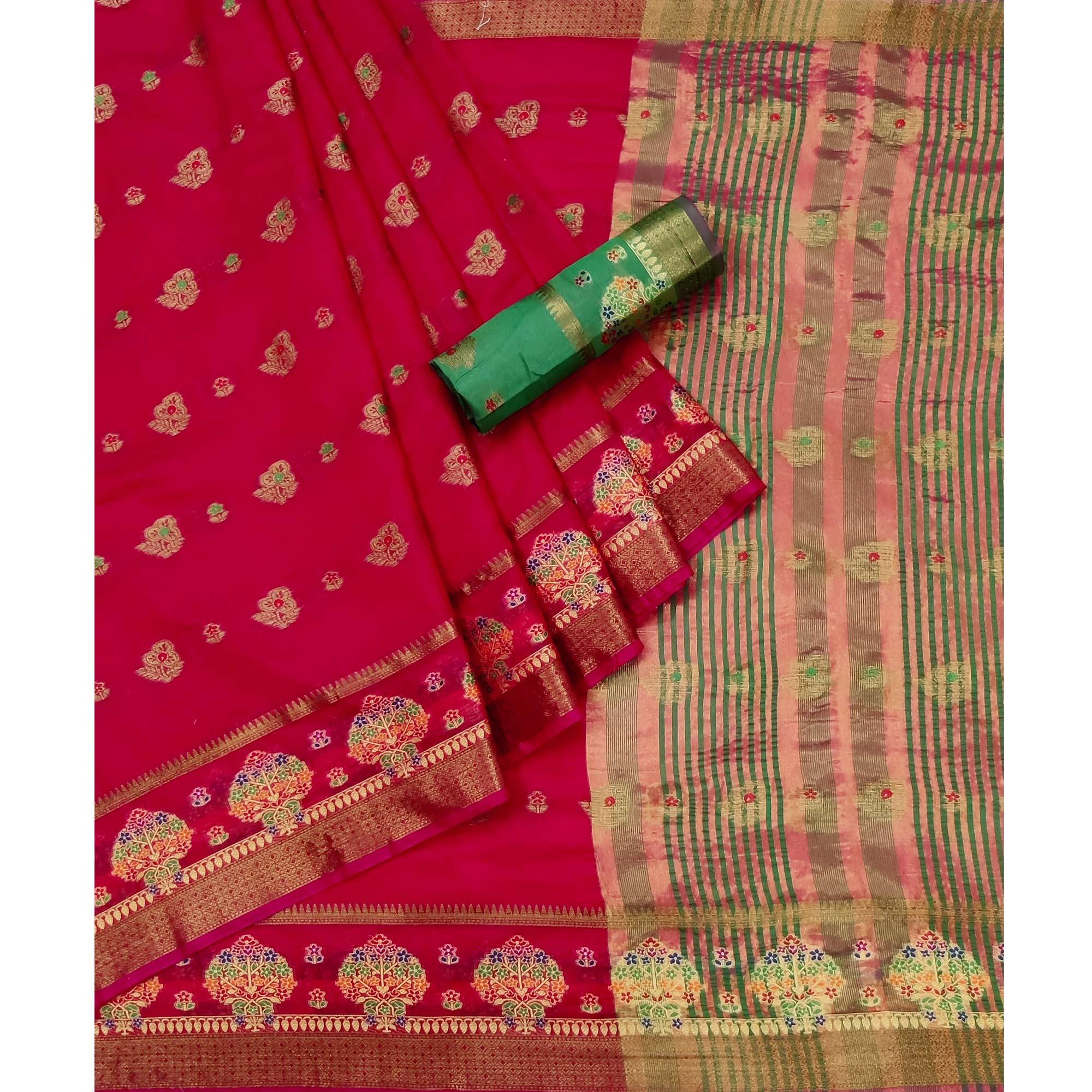 Rose Pink Woven Poly Cotton Saree - Peachmode