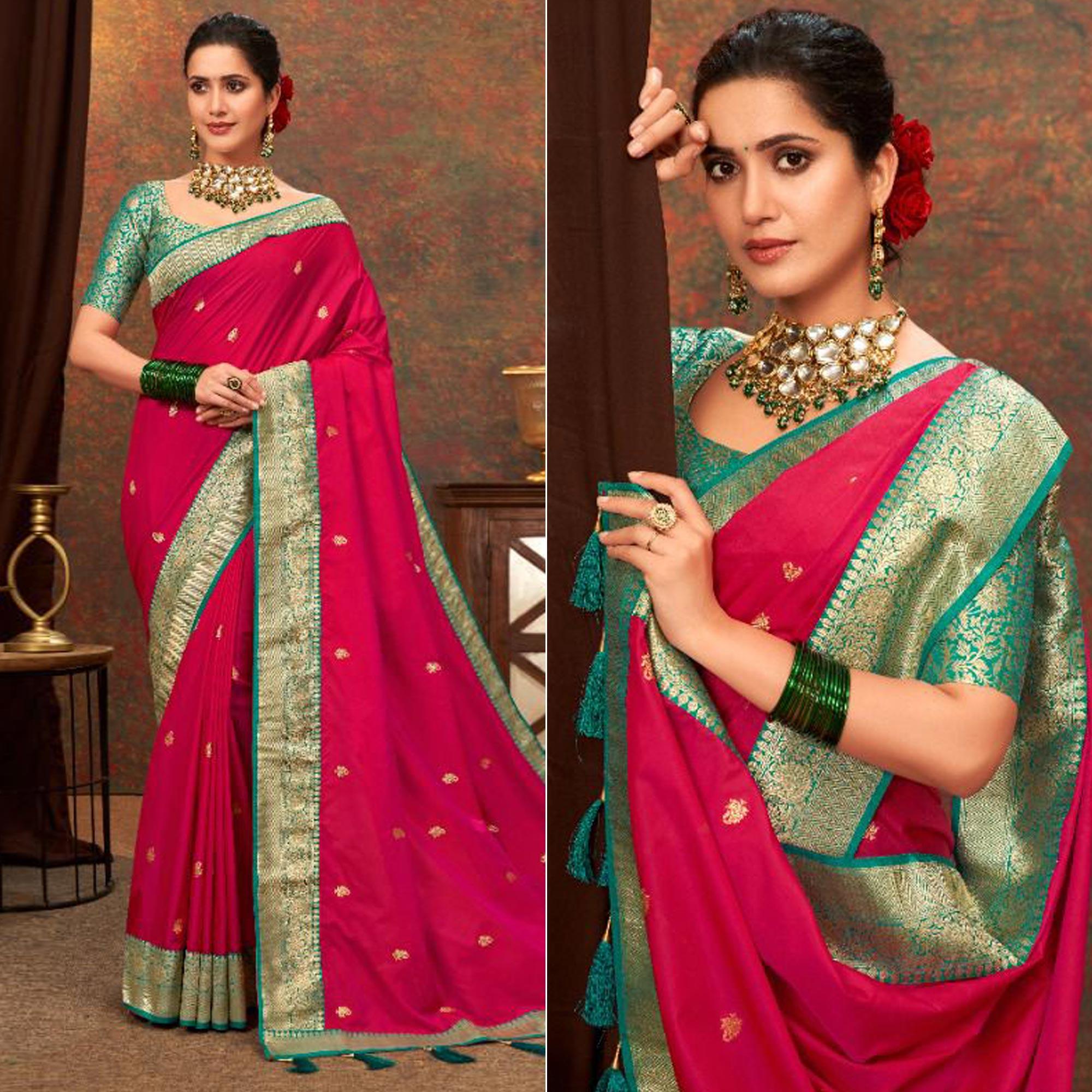 Rose Pink Woven Pure Silk Saree With Tassels - Peachmode