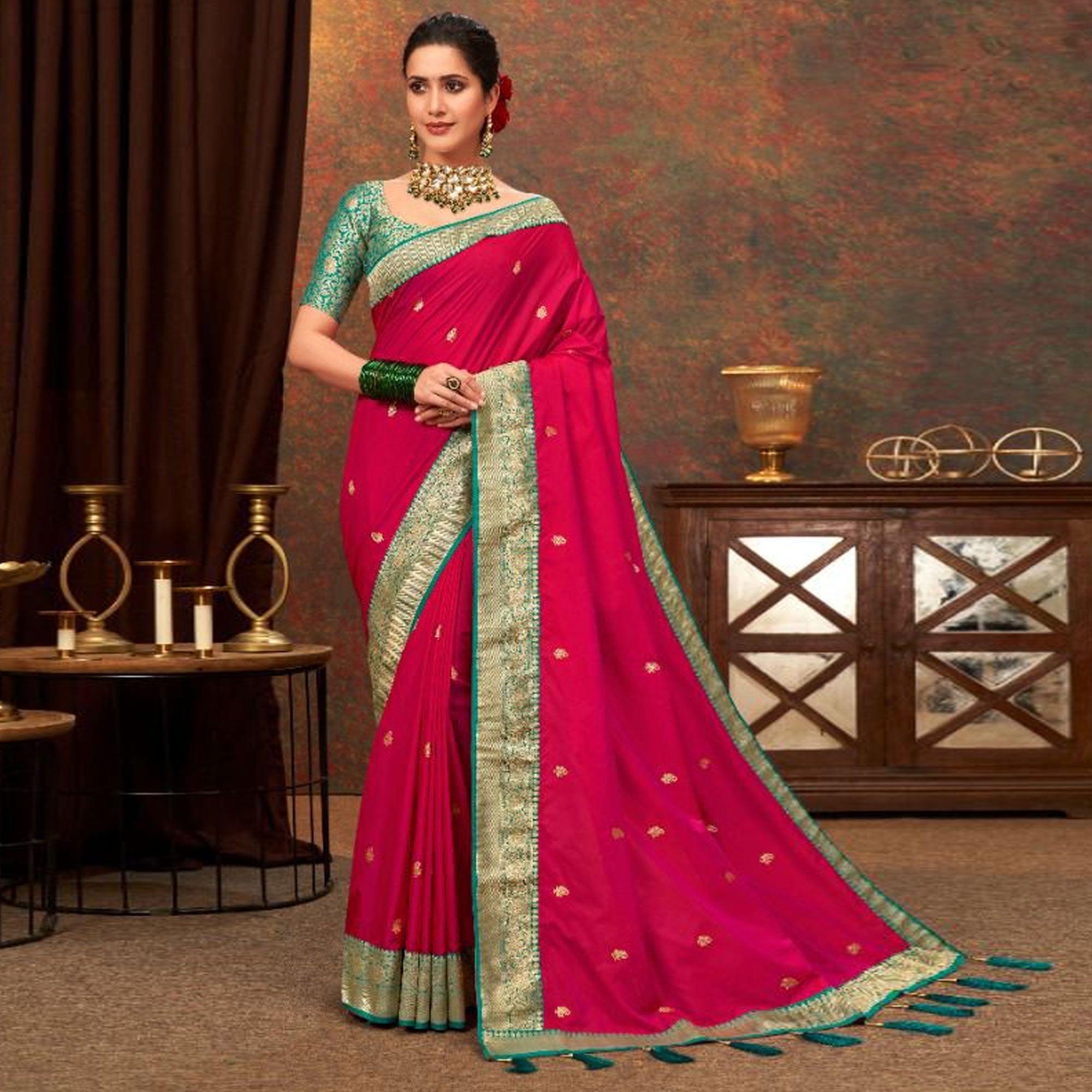 Rose Pink Woven Pure Silk Saree With Tassels - Peachmode