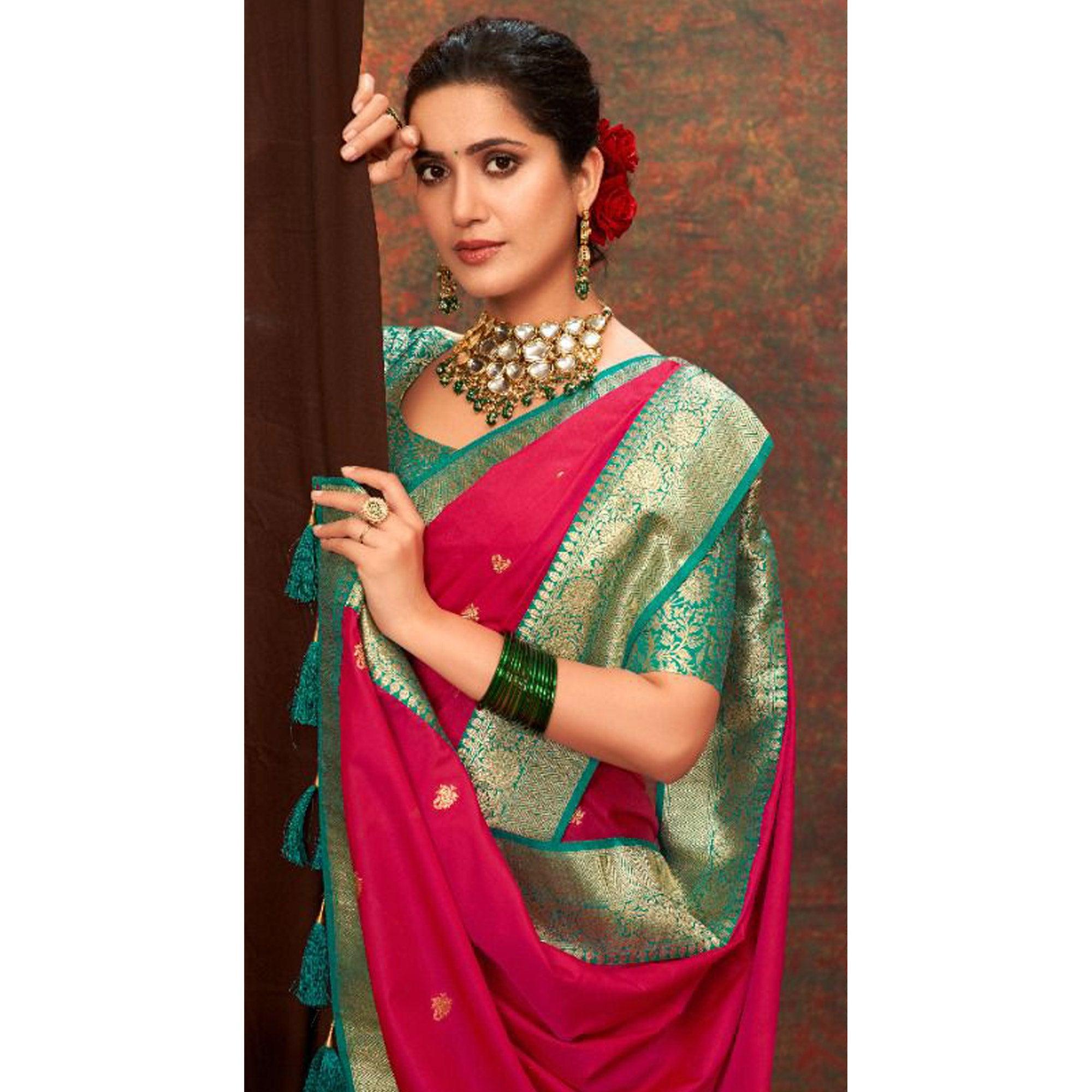 Rose Pink Woven Pure Silk Saree With Tassels - Peachmode