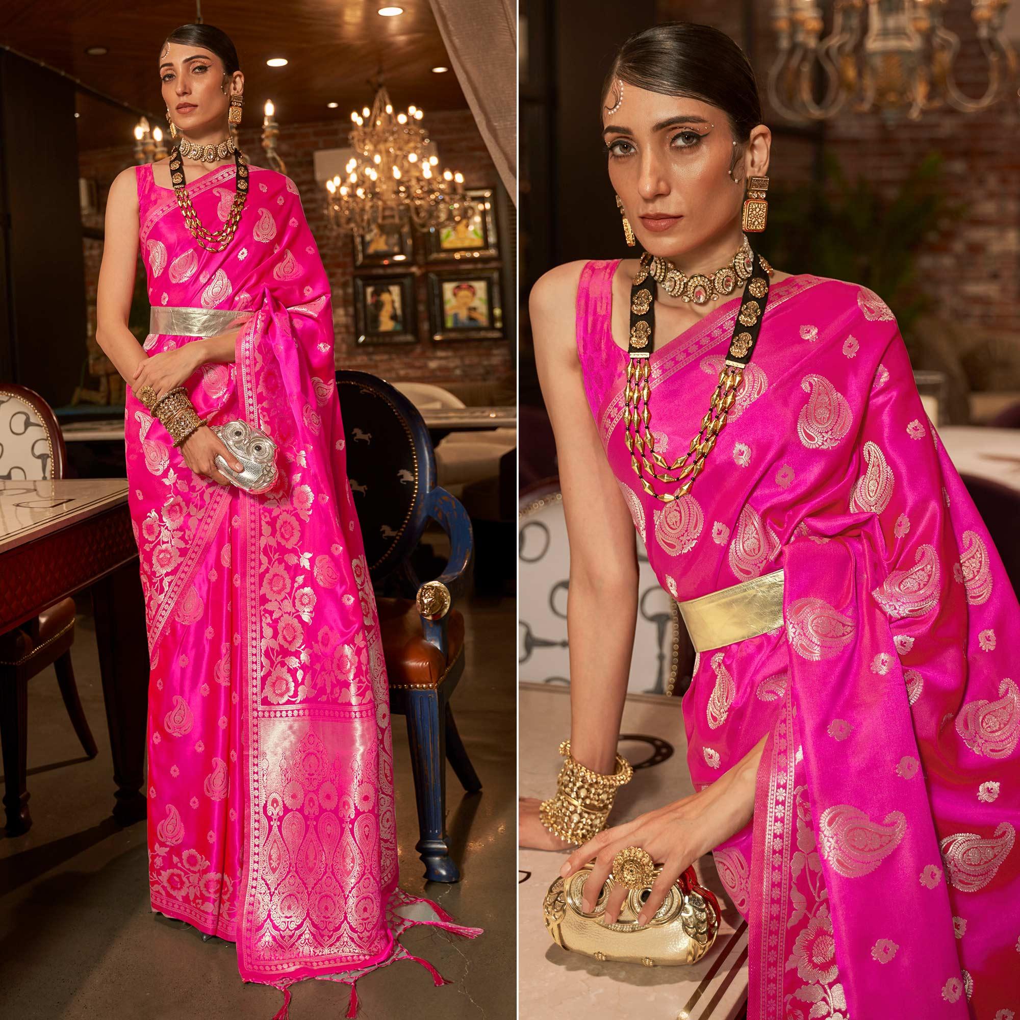 Rose Pink Woven Satin Saree With Tassels - Peachmode