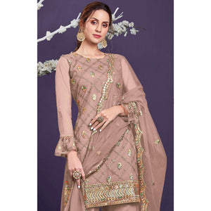 Rosy Brown Sequence Embroidered Netted Sharara Suit - Peachmode
