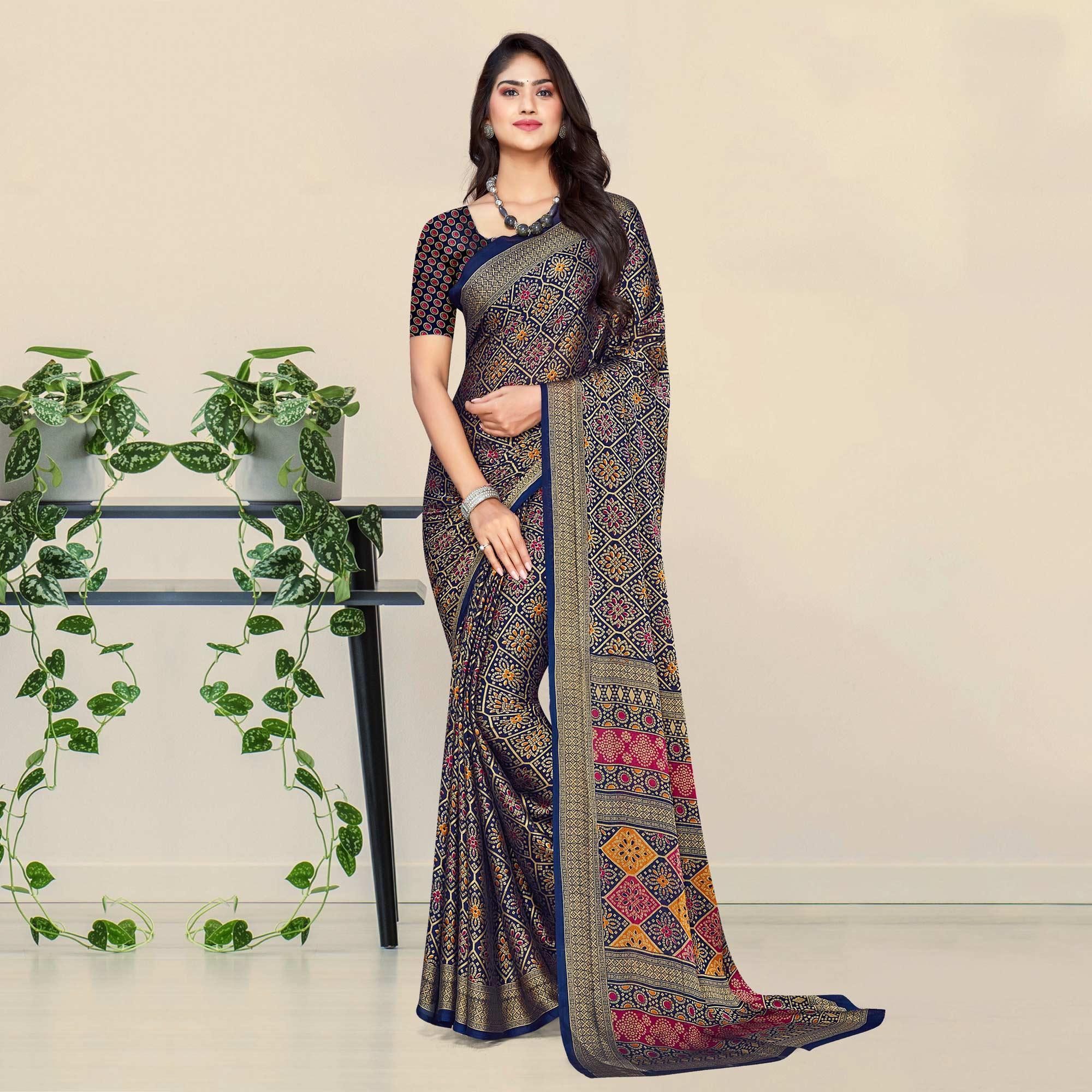 Royal Blue Bandhani Printed Chiffon Saree - Peachmode