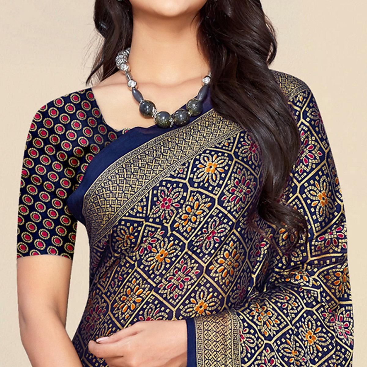 Royal Blue Bandhani Printed Chiffon Saree - Peachmode