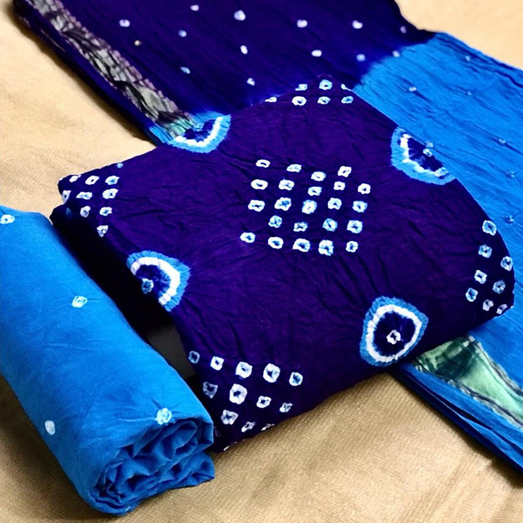 Royal Blue Bandhani Printed Cotton Dress Material - Peachmode