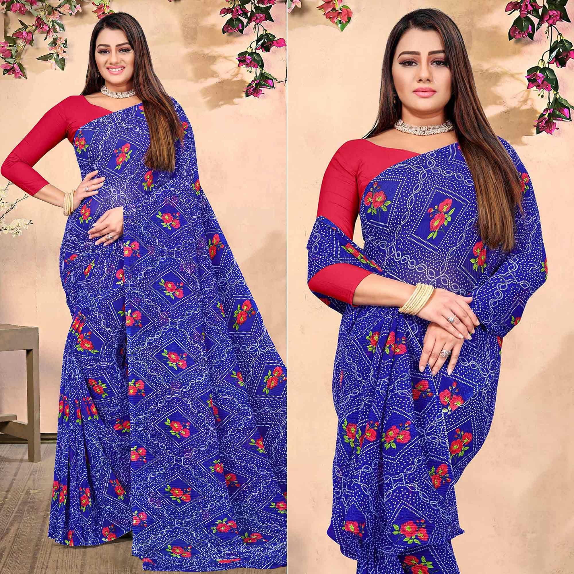 Royal Blue Bandhani Printed Georgette Saree - Peachmode