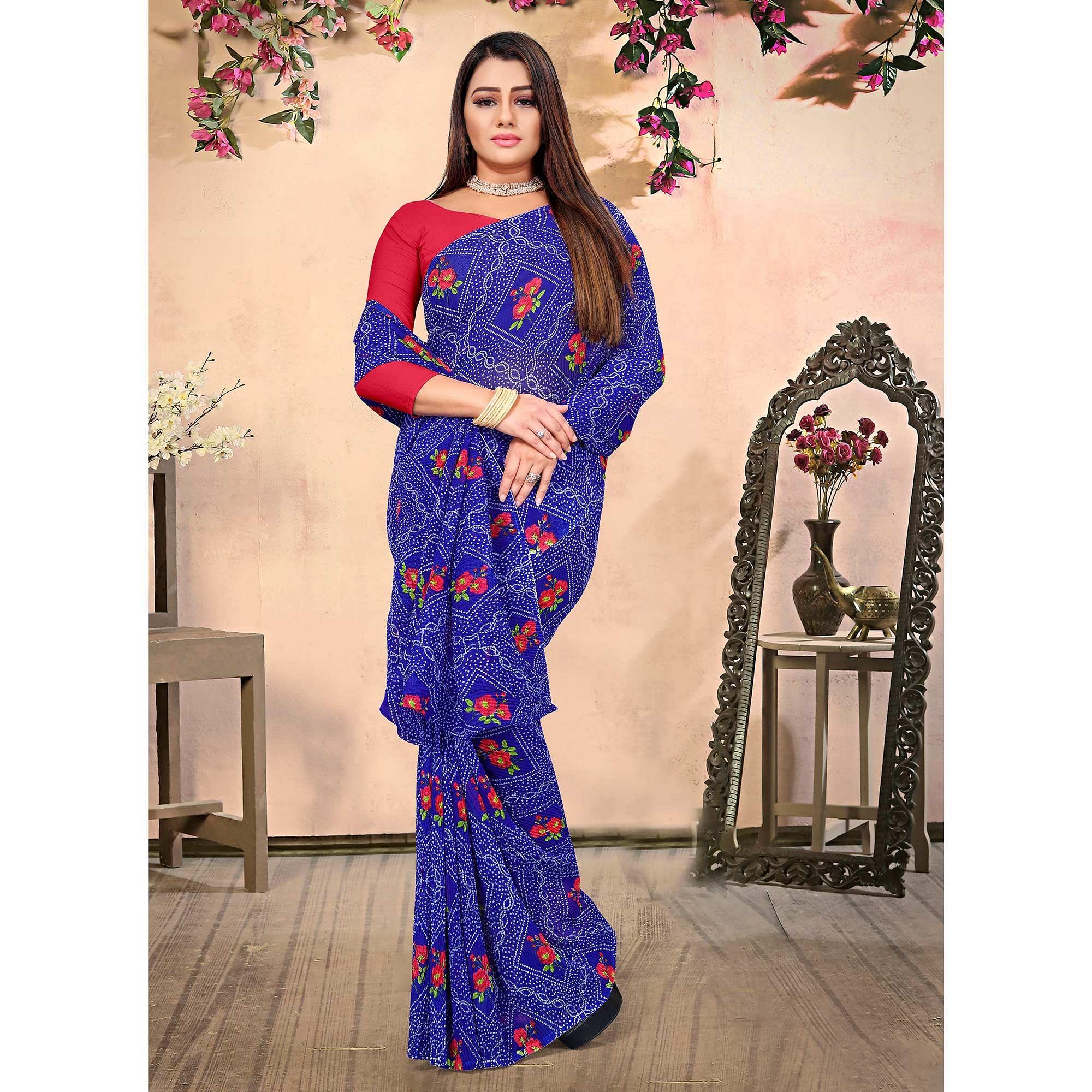 Royal Blue Bandhani Printed Georgette Saree - Peachmode