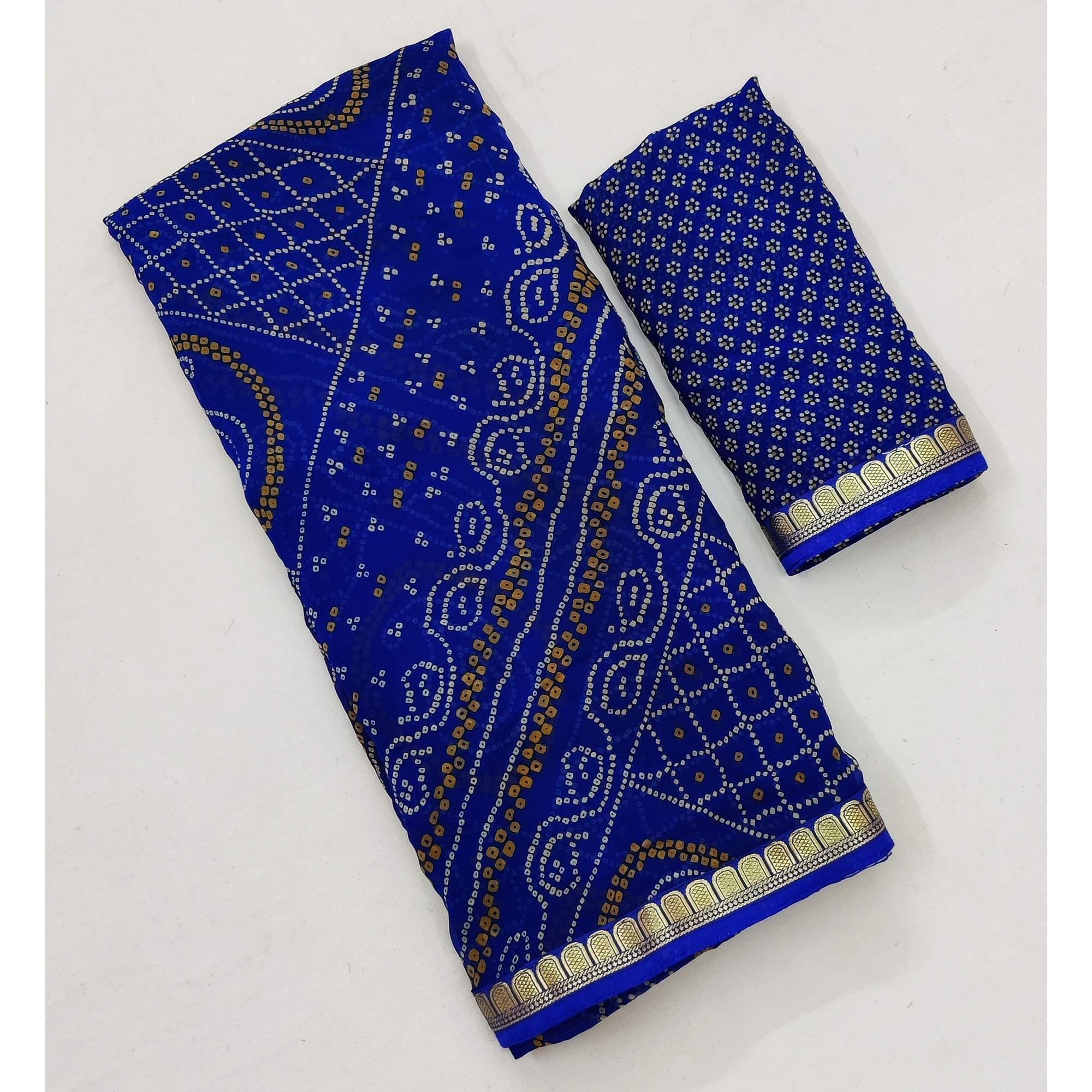 Royal Blue Bandhani Printed Georgette Saree - Peachmode