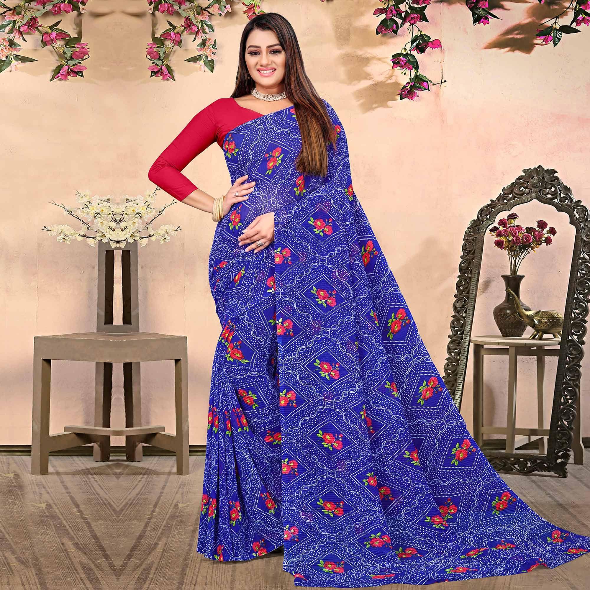 Royal Blue Bandhani Printed Georgette Saree - Peachmode