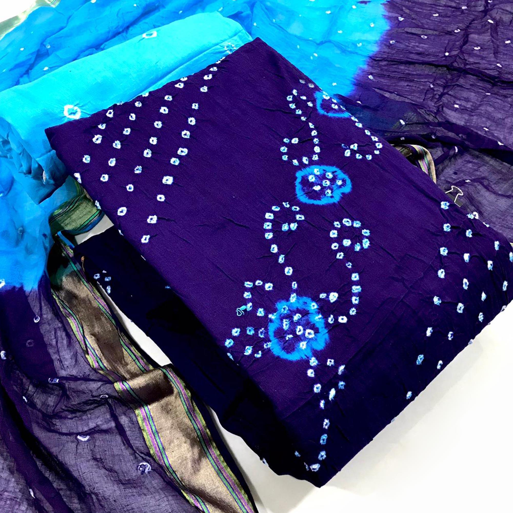 Royal Blue Bandhani Printed Pure Cotton Dress Material - Peachmode