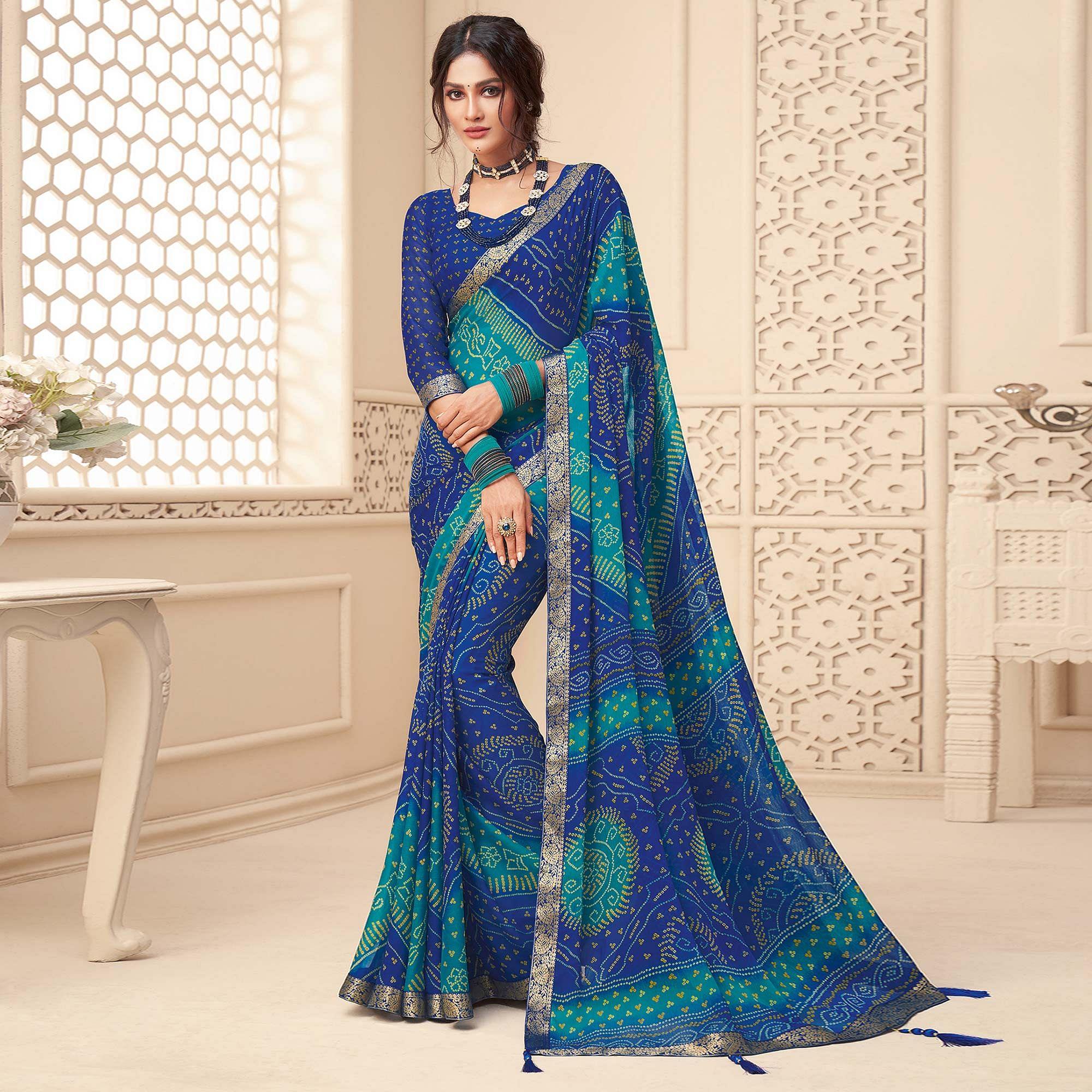 Royal Blue Casual Wear Bandhani Printed Chiffon Saree With Tassels - Peachmode