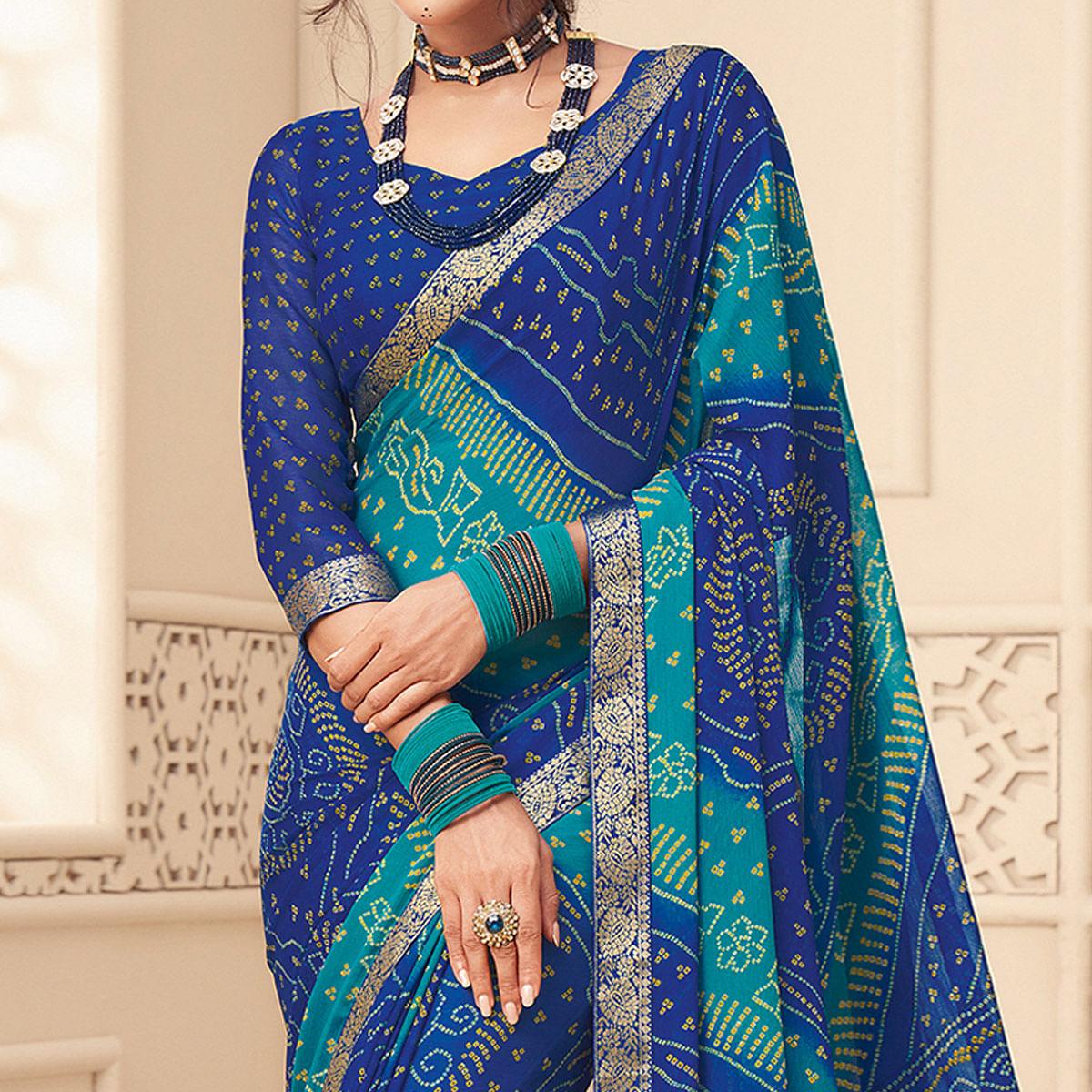 Royal Blue Casual Wear Bandhani Printed Chiffon Saree With Tassels - Peachmode