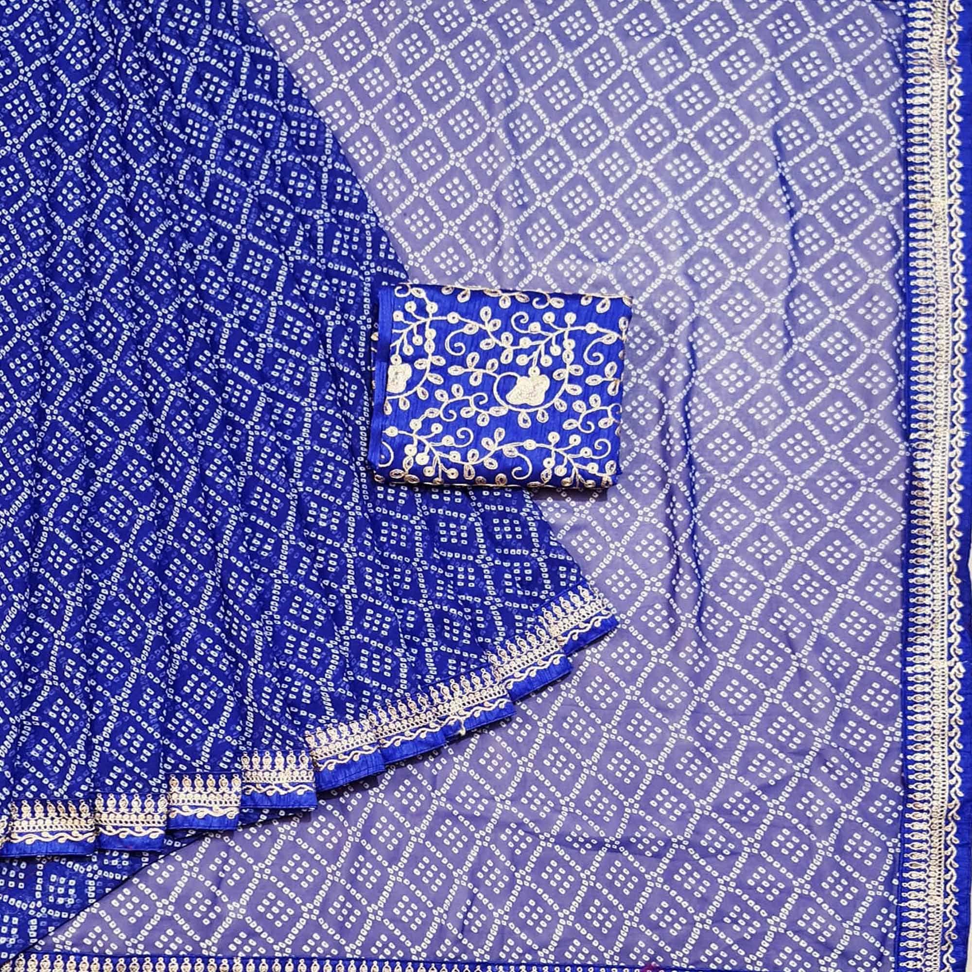 Royal Blue Casual Wear Bandhani Printed Georgette Saree - Peachmode