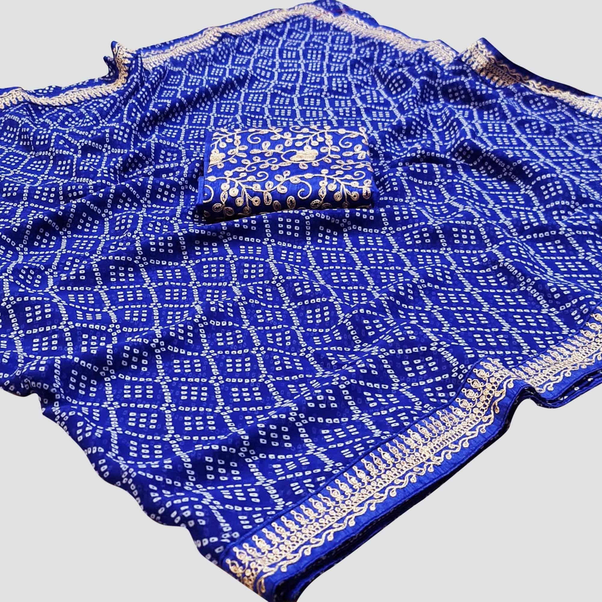 Royal Blue Casual Wear Bandhani Printed Georgette Saree - Peachmode