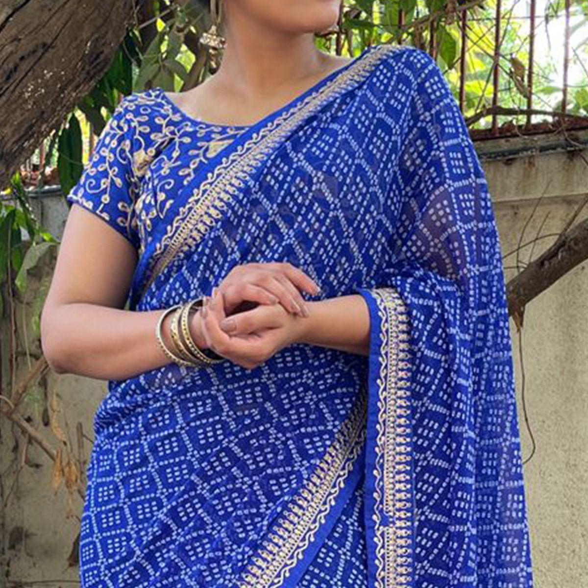 Royal Blue Casual Wear Bandhani Printed Georgette Saree - Peachmode