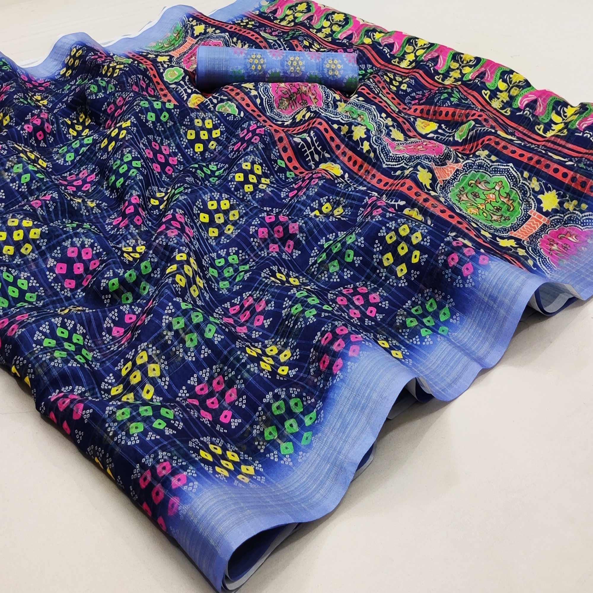 Royal Blue Casual Wear Digital Printed Silk Saree With Jacquard Border - Peachmode
