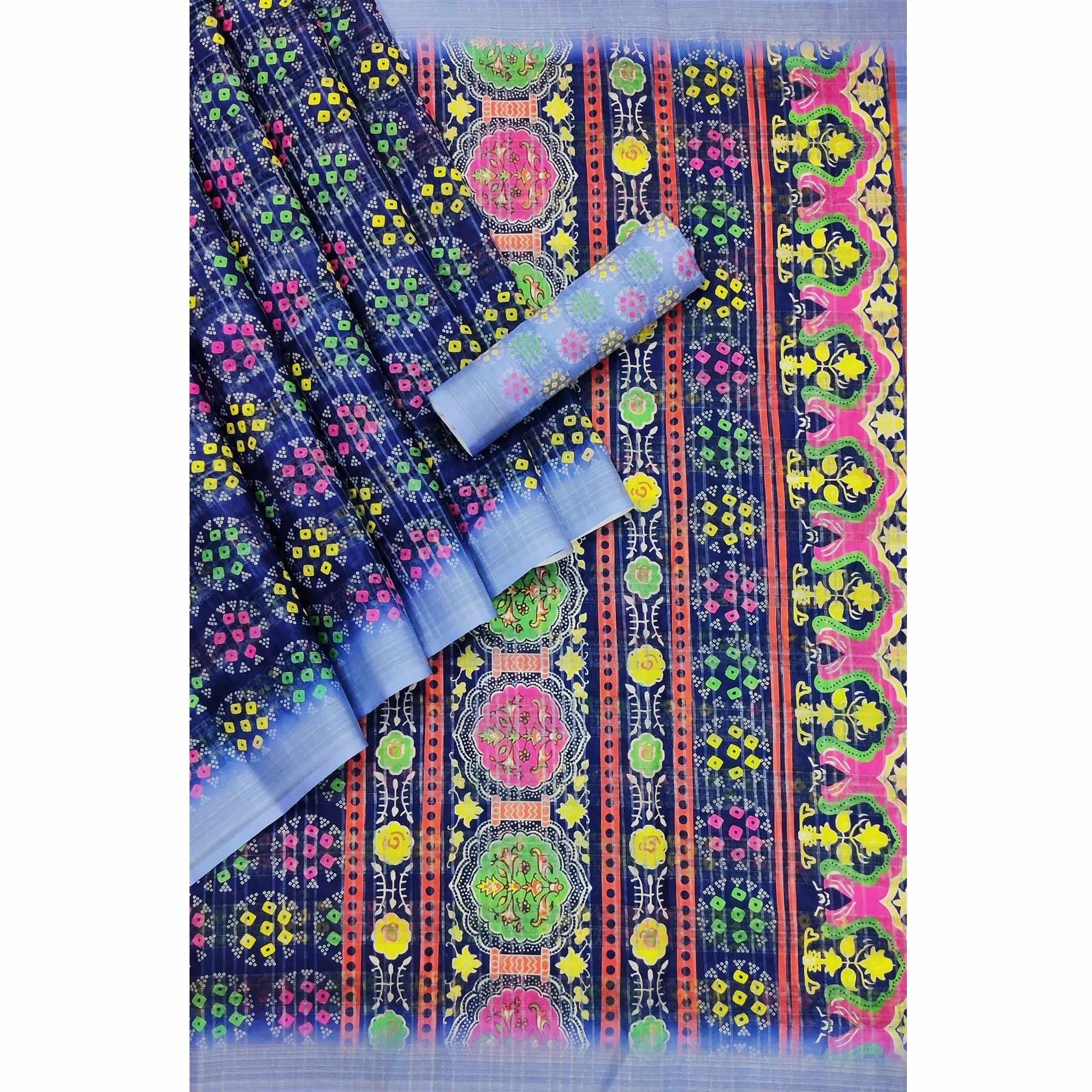 Royal Blue Casual Wear Digital Printed Silk Saree With Jacquard Border - Peachmode