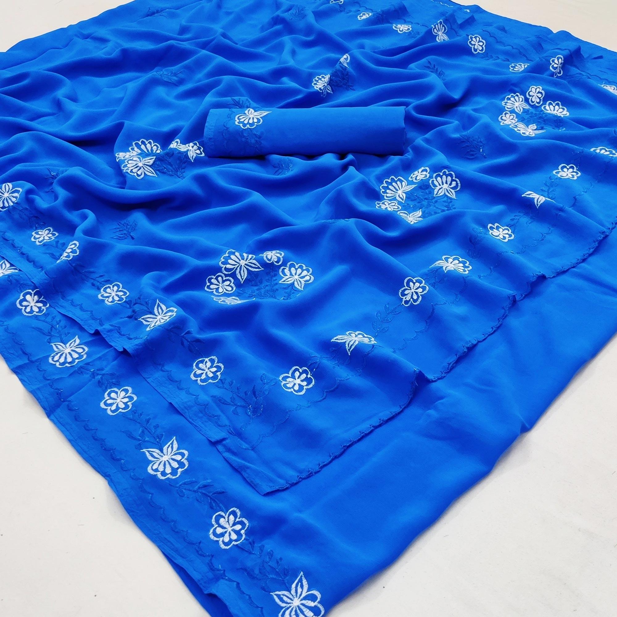 Royal Blue Casual Wear Embroidered Georgette Saree - Peachmode