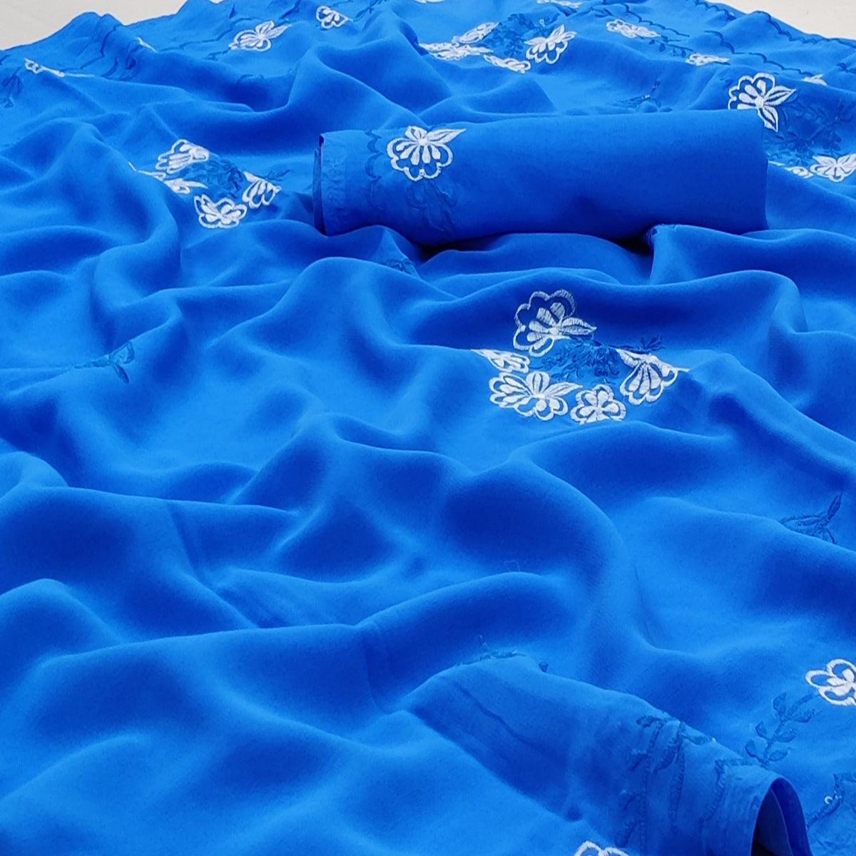 Royal Blue Casual Wear Embroidered Georgette Saree - Peachmode