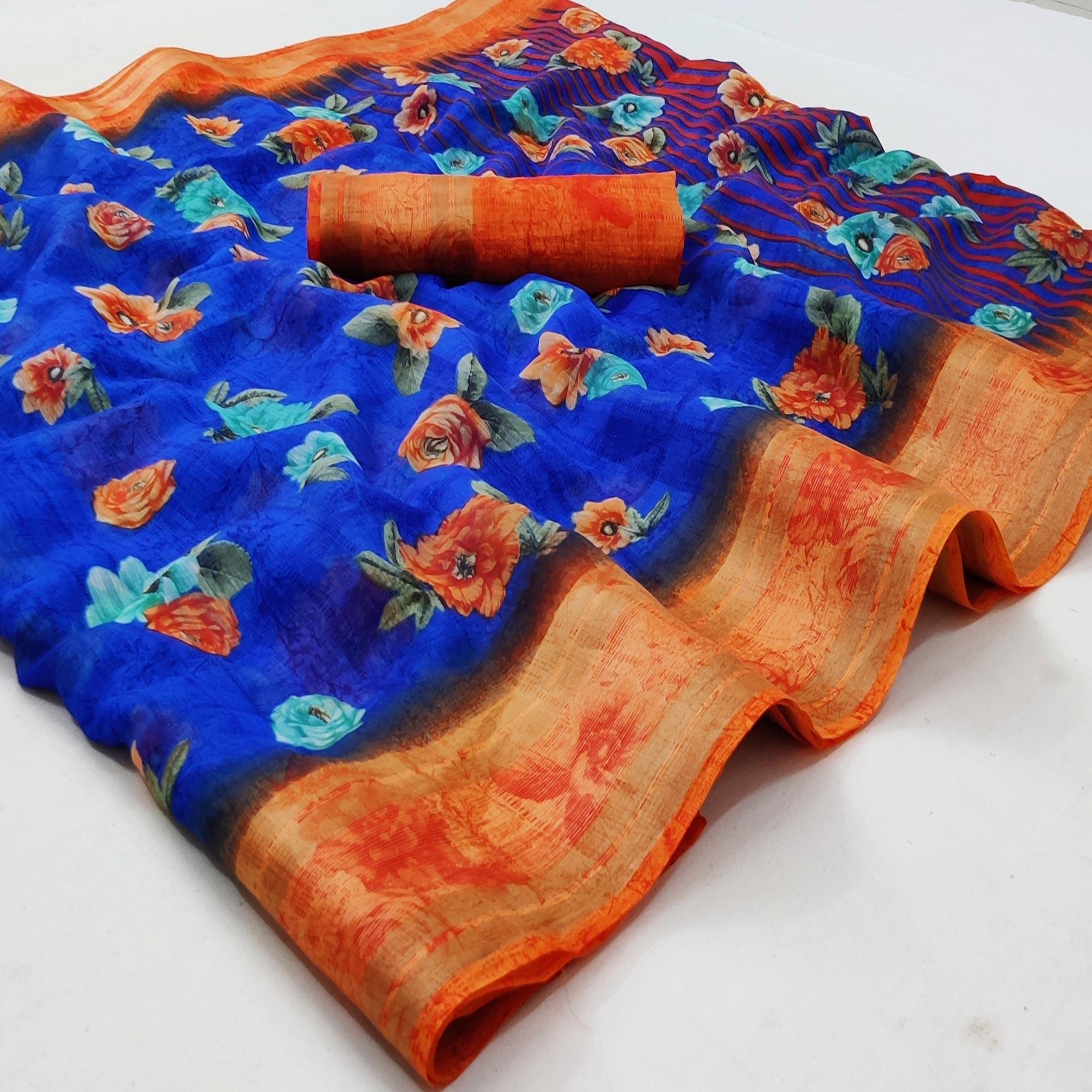 Royal Blue Casual Wear Floral Printed Cotton Saree With Woven Border - Peachmode